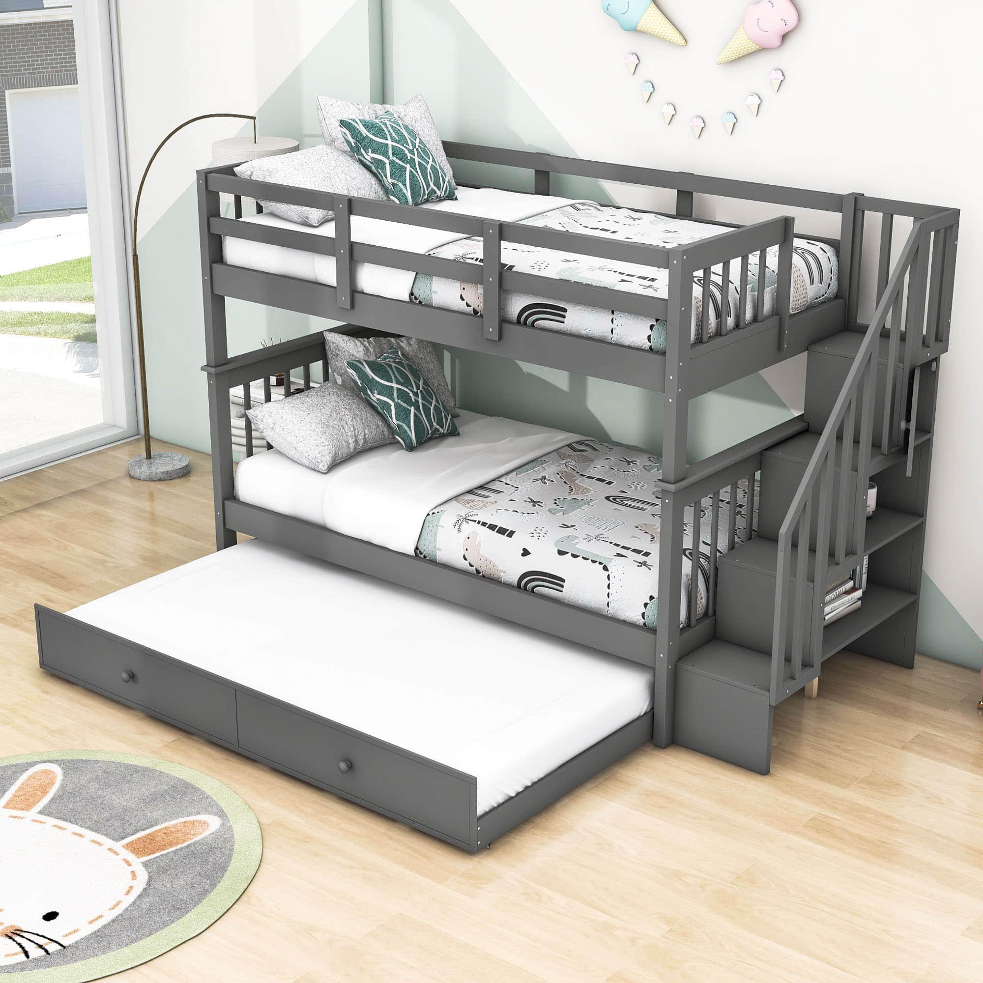 Twin Over Twin Bunk Beds with Stairs and Trundle, Storage - [Convertible, Shelves]