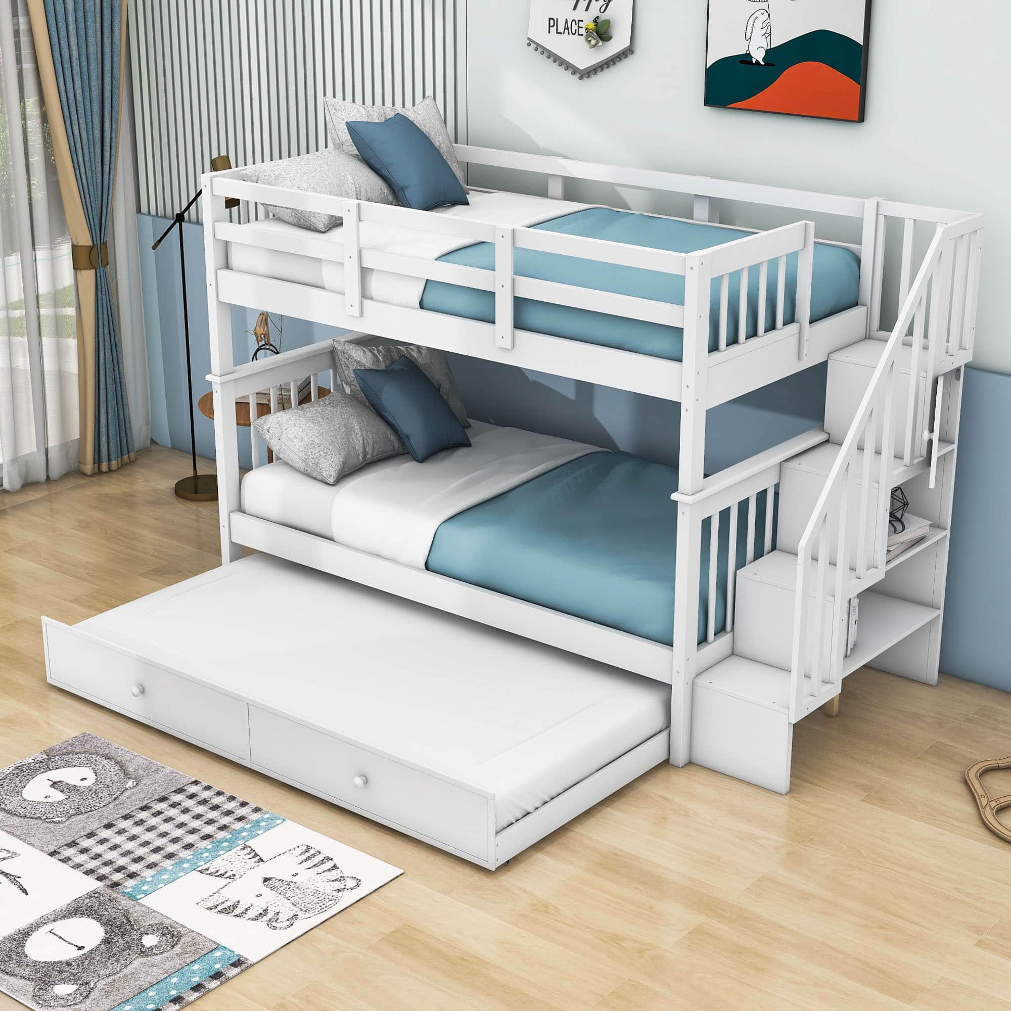 Twin Over Twin Bunk Beds with Stairs and Trundle, Storage - [Convertible, Shelves]