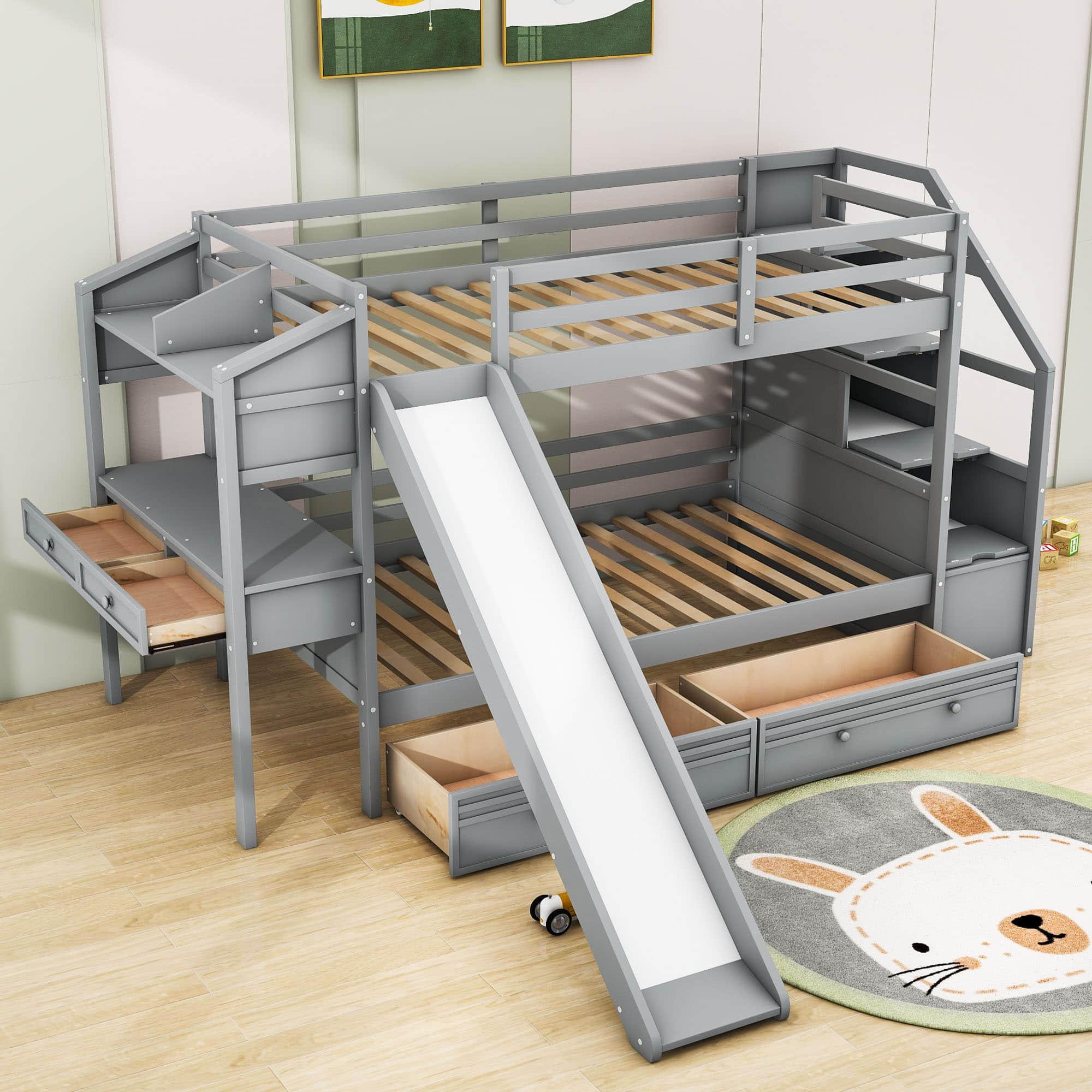 Low Twin Over Twin Bunk Bed with Desk and Stairs, Slide, Storage