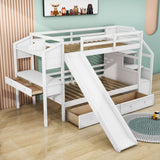 Low Twin Over Twin Bunk Bed with Desk and Stairs, Slide, Storage