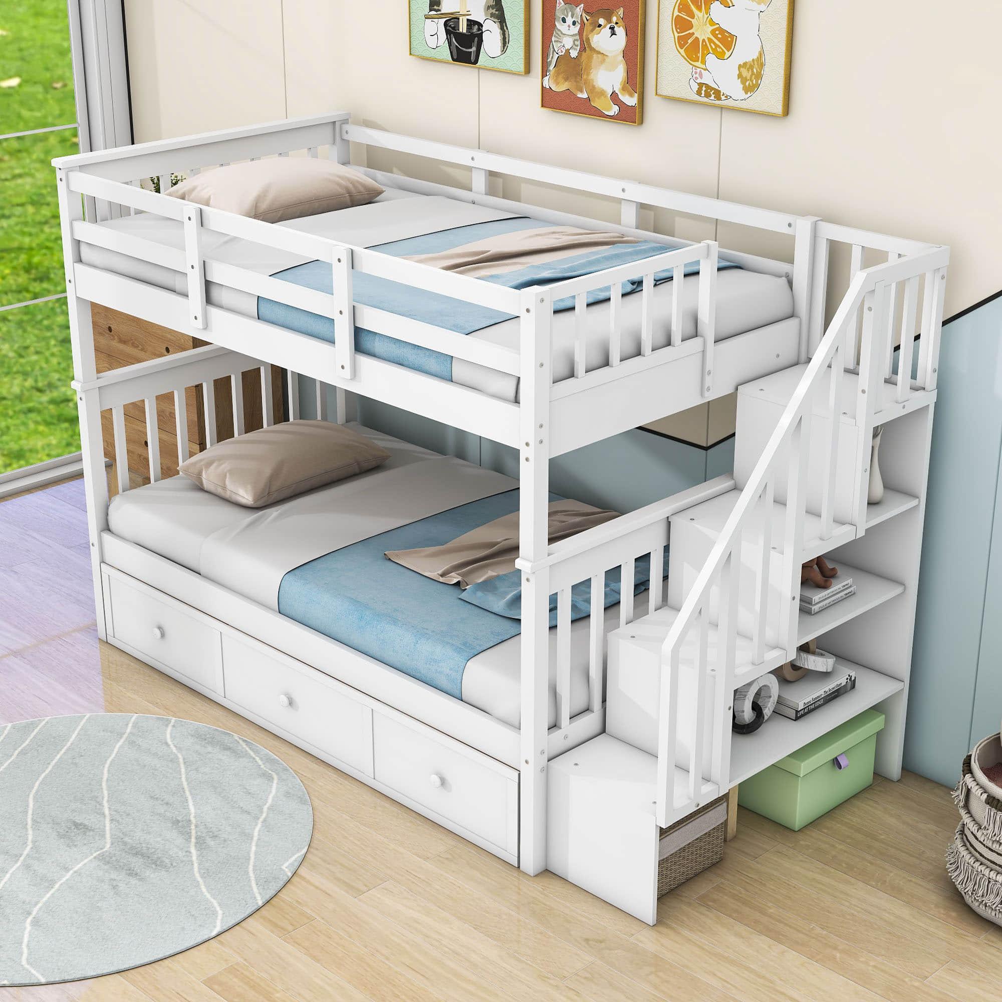 Twin Over Twin Bunk Bed With Stairs and Storage - [Drawers, Shelves, Wood]