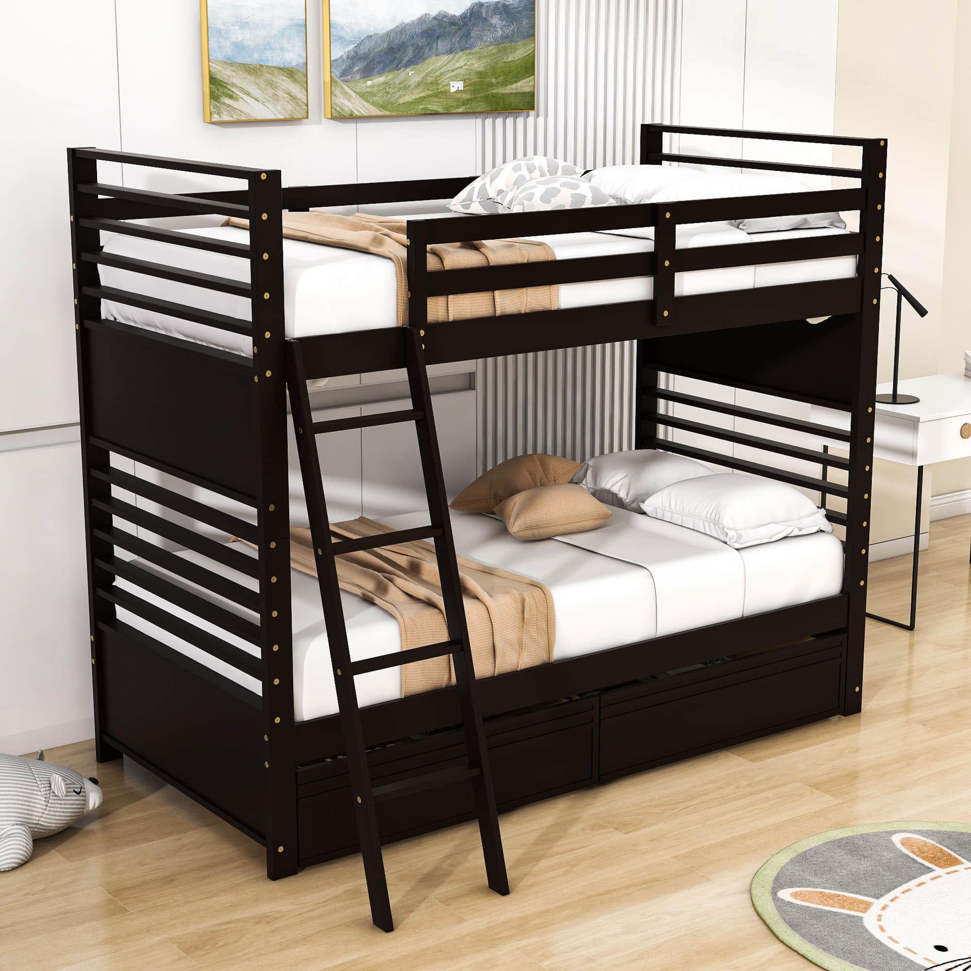 Convertible Twin Over Twin Wooden Bunk Beds with Storage Drawers