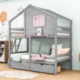 Wood Twin Over Twin Kids House Bunk Beds with Storage - [Drawers, Shelf]