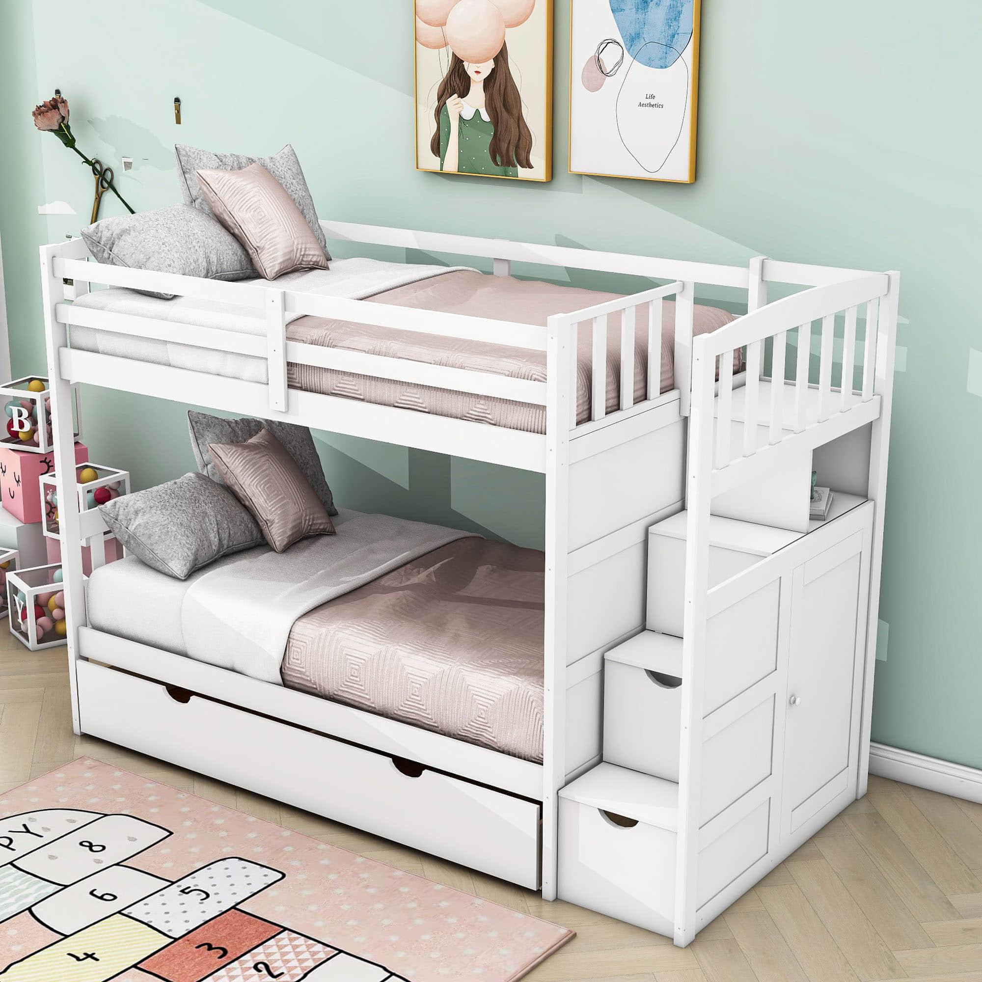 Twin Over Twin/Full Convertible Bunk Beds with Stairs and Storage - [Drawers, Shelves, Cabinet]