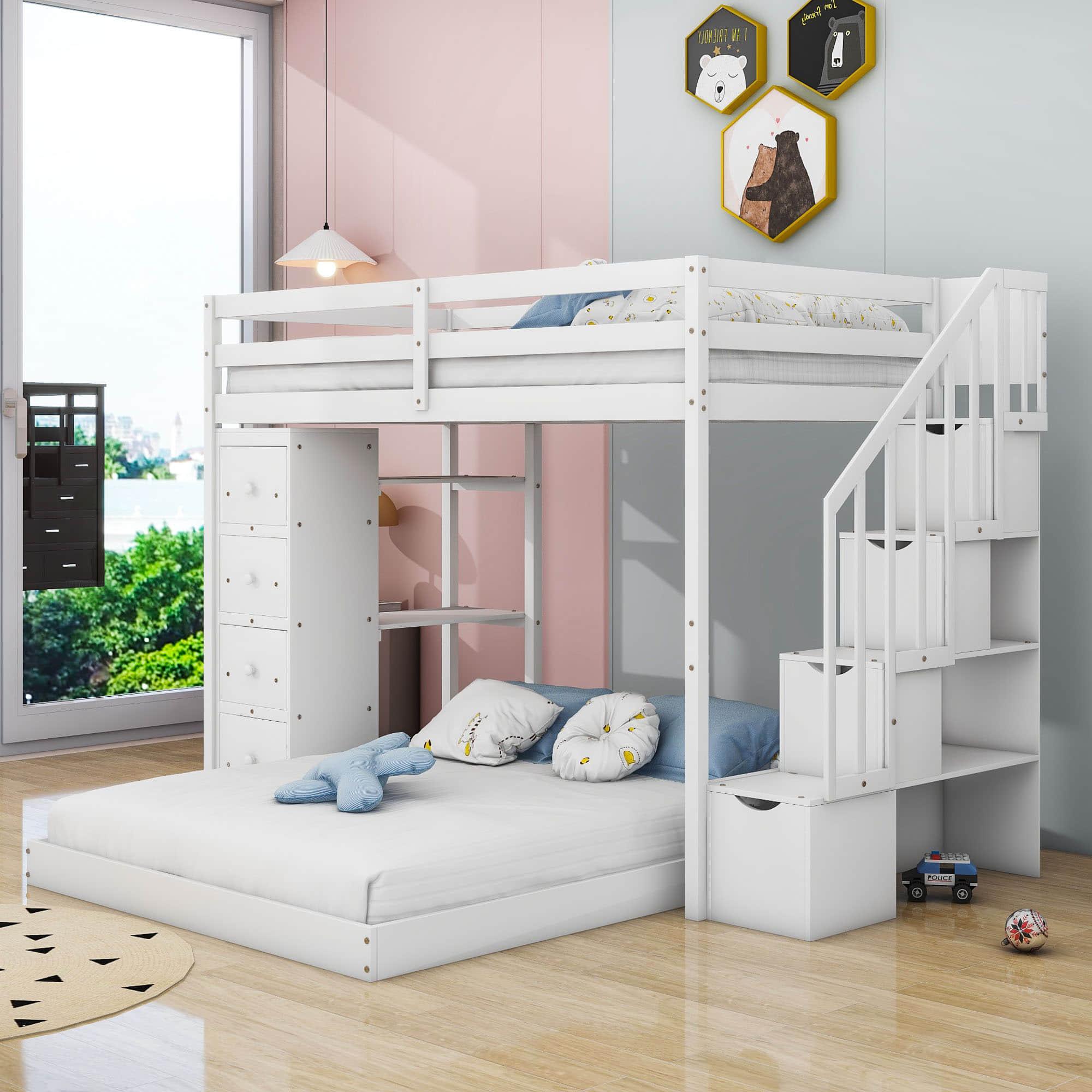 L-Shaped Twin Over Full Floor Bunk Beds for Toddlers, Kids with Stairs