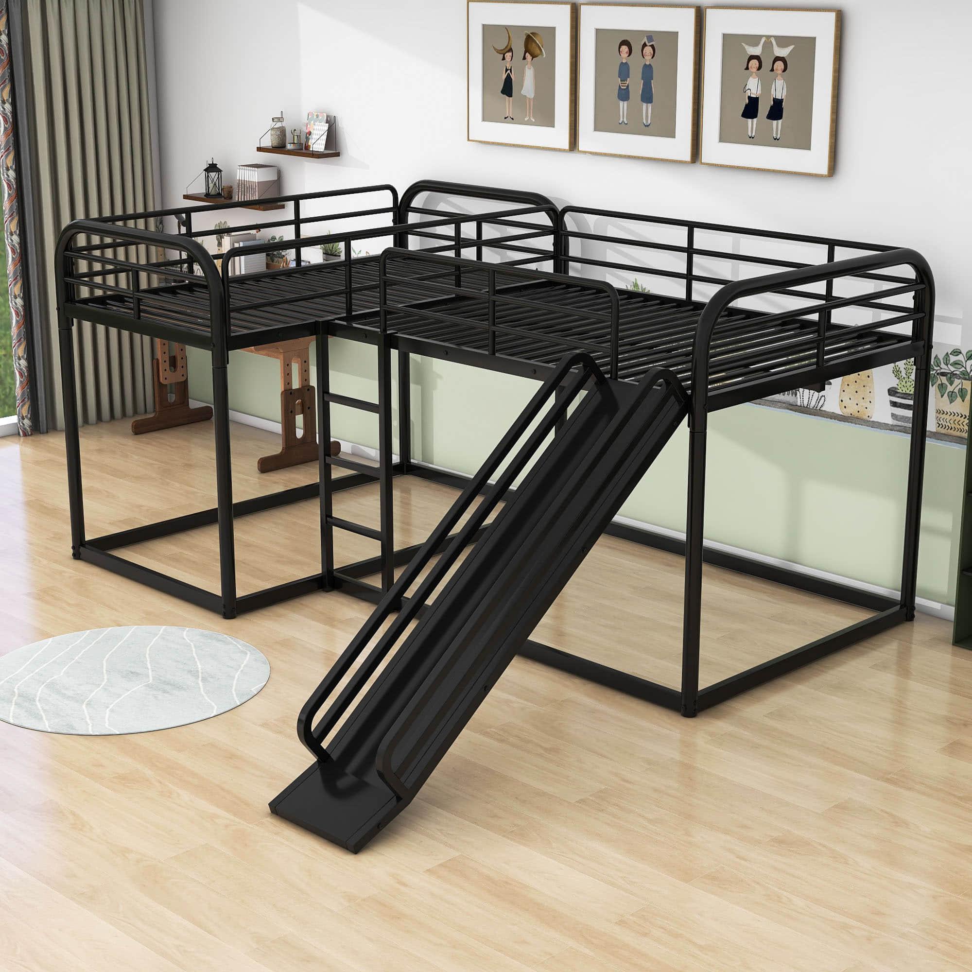 Metal Full & Twin Quad Bunk Beds with Slide for Kids, Toddler - [L-Shaped]