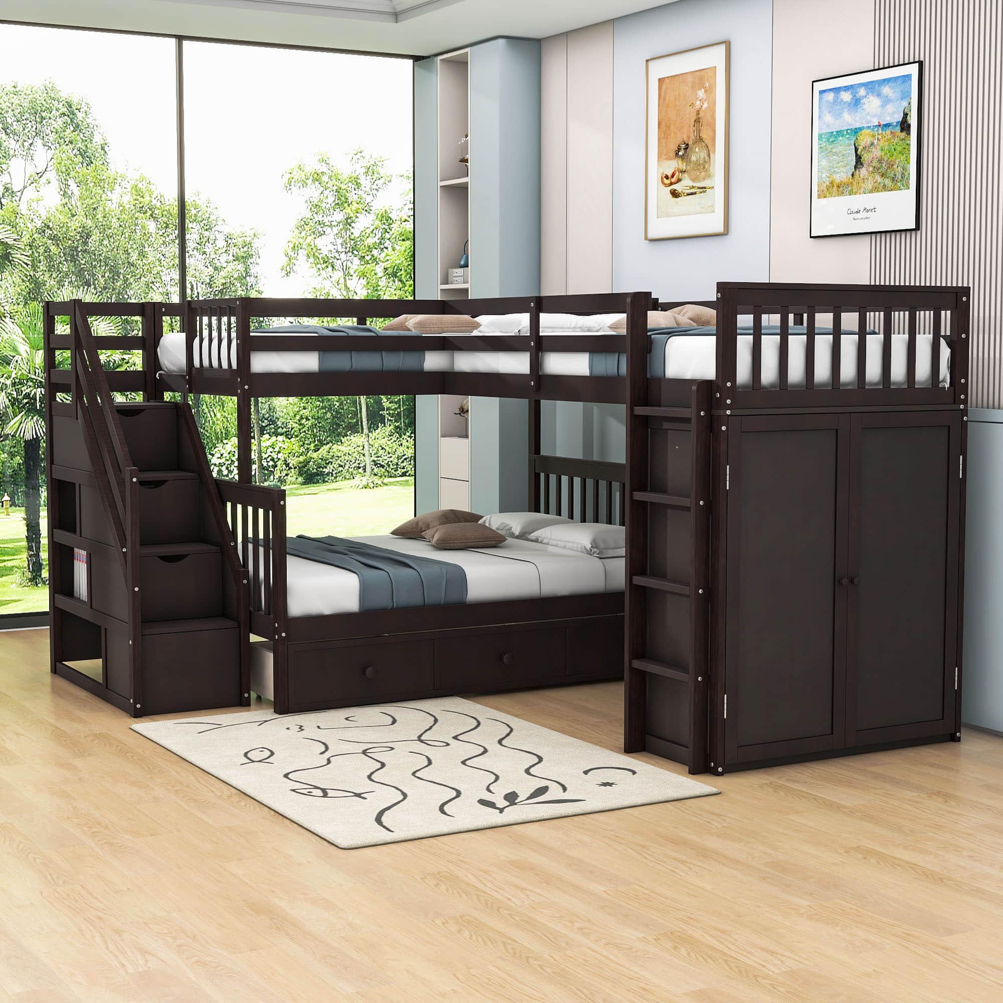 Twin Over Full Loft Triple Bunk Beds with Desk and Storage Stairs - [Drawers, Wardrobe]