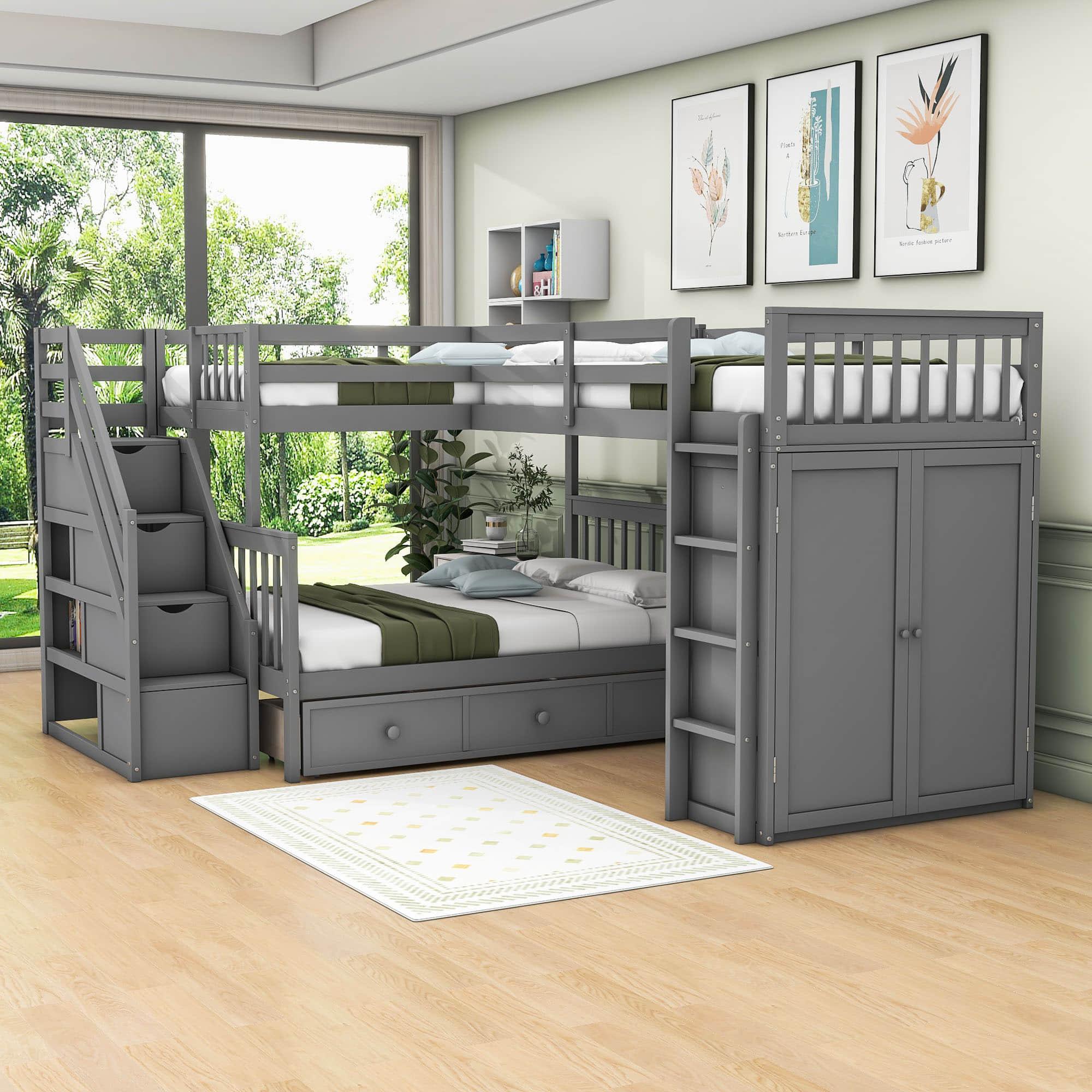 Twin Over Full Loft Triple Bunk Beds with Desk and Storage Stairs - [Drawers, Wardrobe]