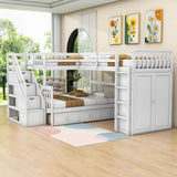 Twin Over Full Loft Triple Bunk Beds with Desk and Storage Stairs - [Drawers, Wardrobe]