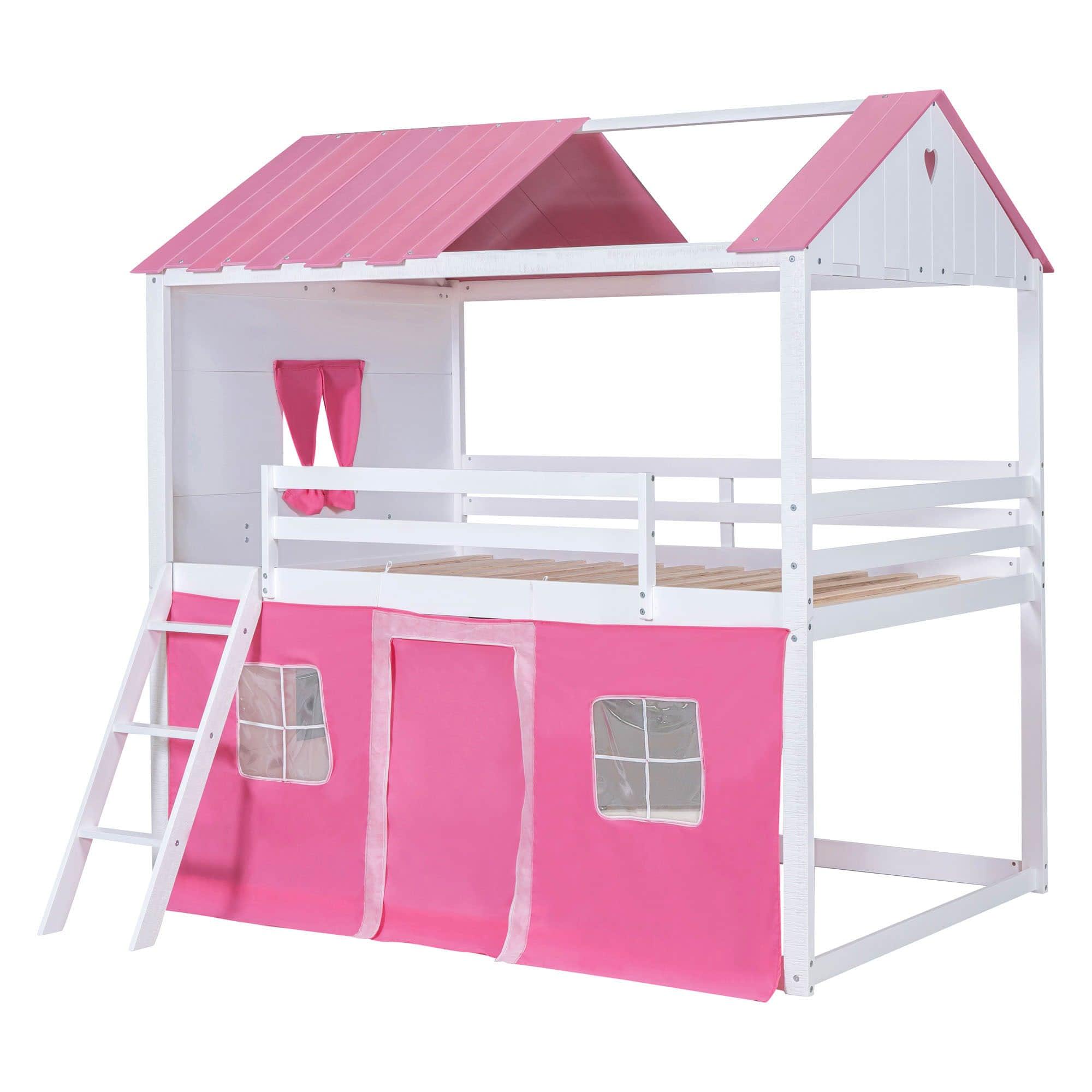 Fun Full Over Full House Loft Bunk Beds for Kids with Curtains - [Low]