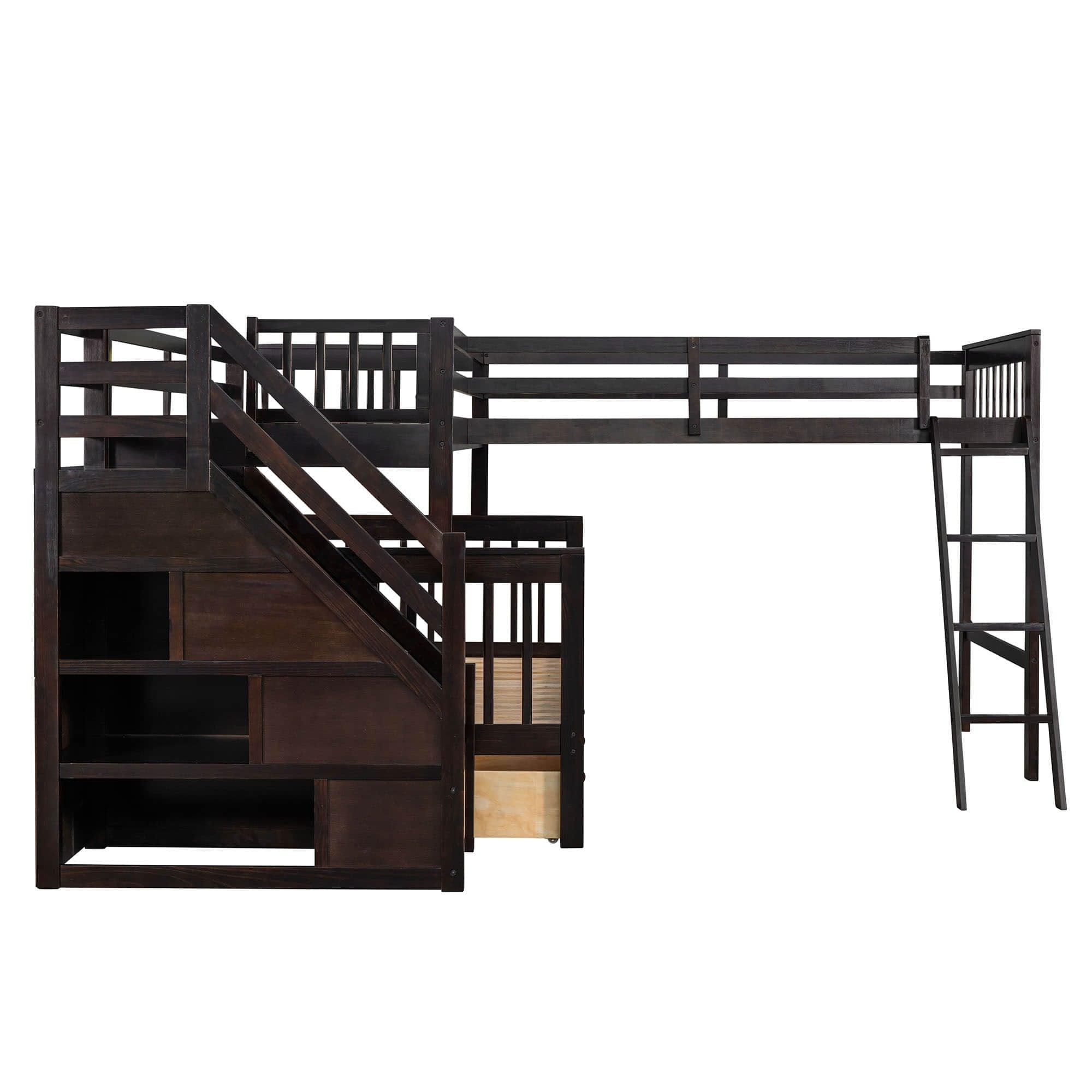 Twin Over Full Corner Loft Bunk Beds with Stairs and Storage - [Wood, Triple, Drawers]