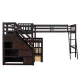 Twin Over Full Corner Loft Bunk Beds with Stairs and Storage - [Wood, Triple, Drawers]