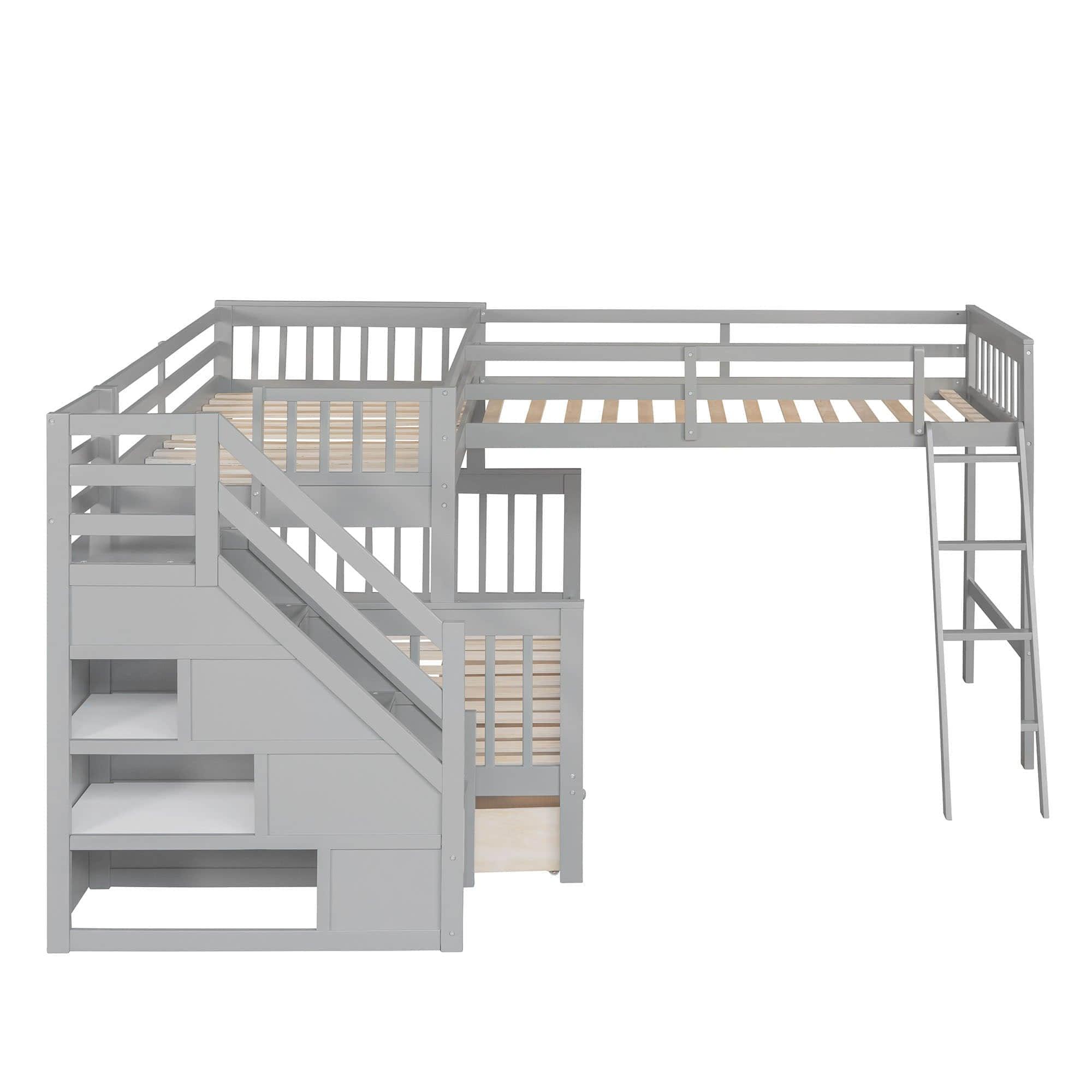 Twin Over Full Corner Loft Bunk Beds with Stairs and Storage - [Wood, Triple, Drawers]