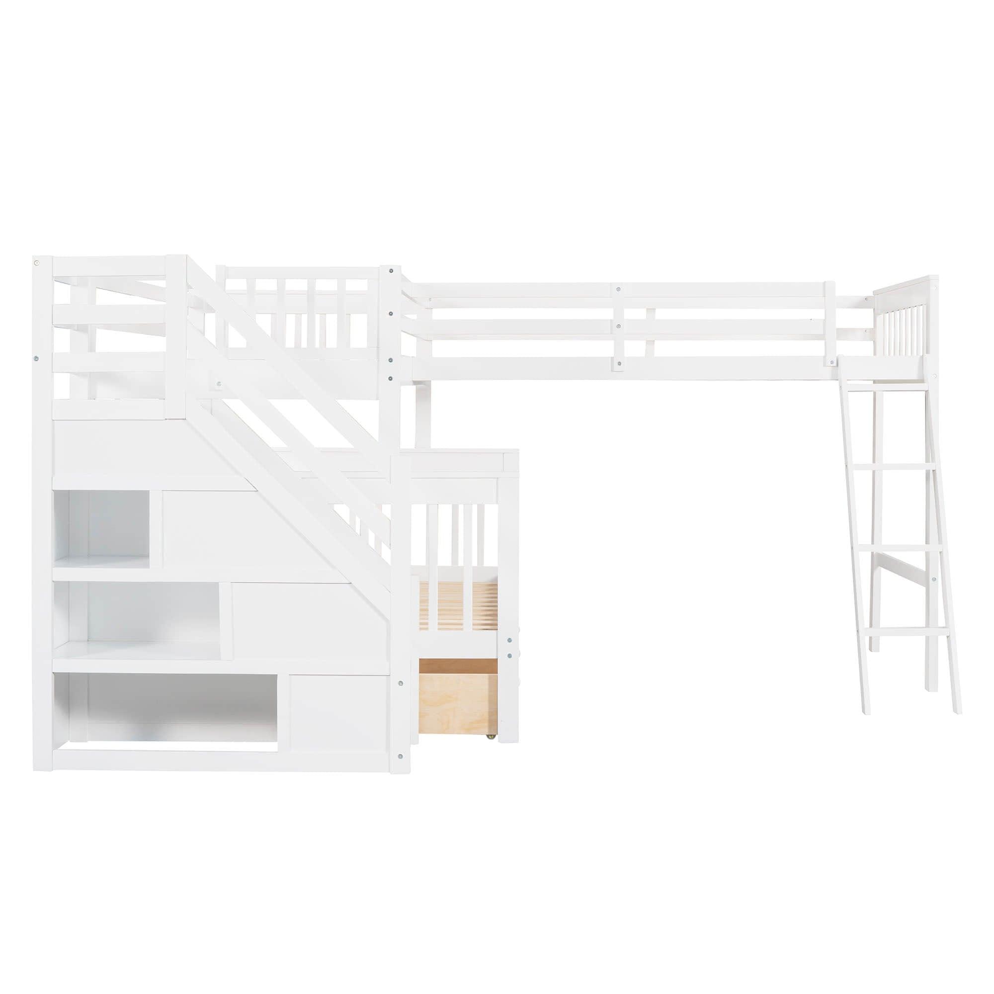 Twin Over Full Corner Loft Bunk Beds with Stairs and Storage - [Wood, Triple, Drawers]