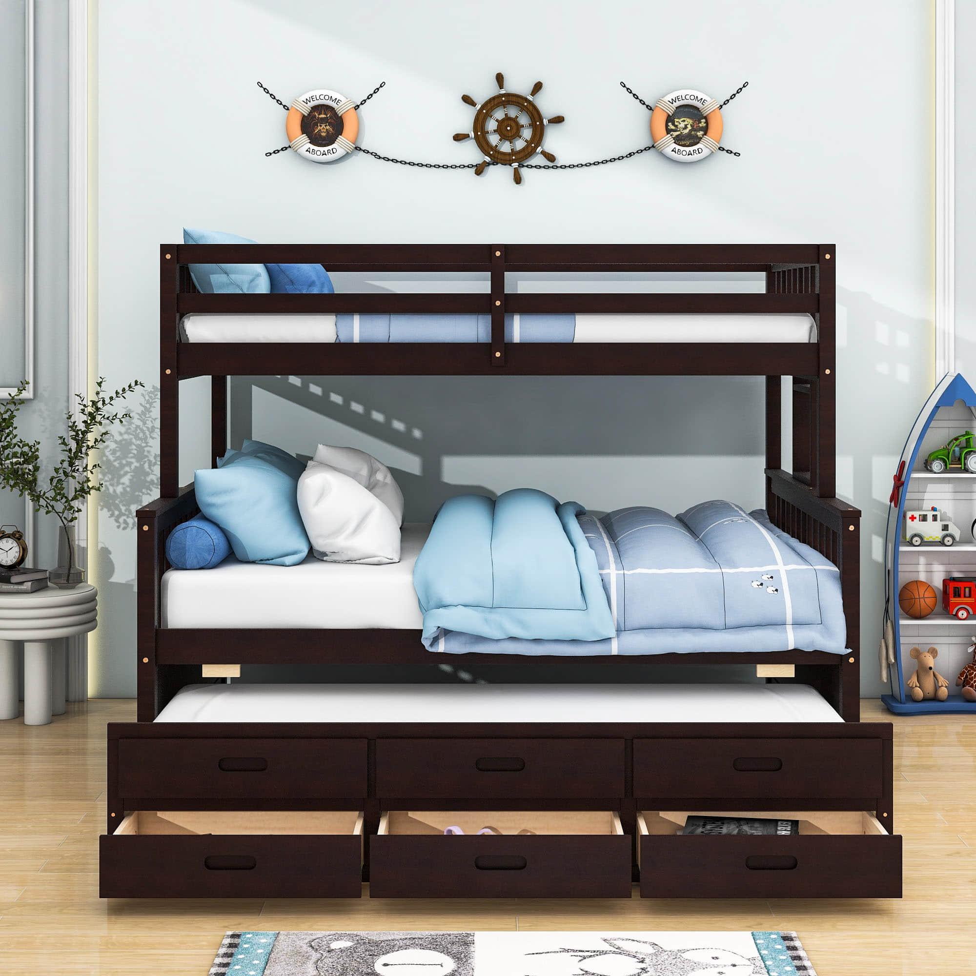 Wooden Twin Over Full Convertible Bunk Beds with Trundle and Storage