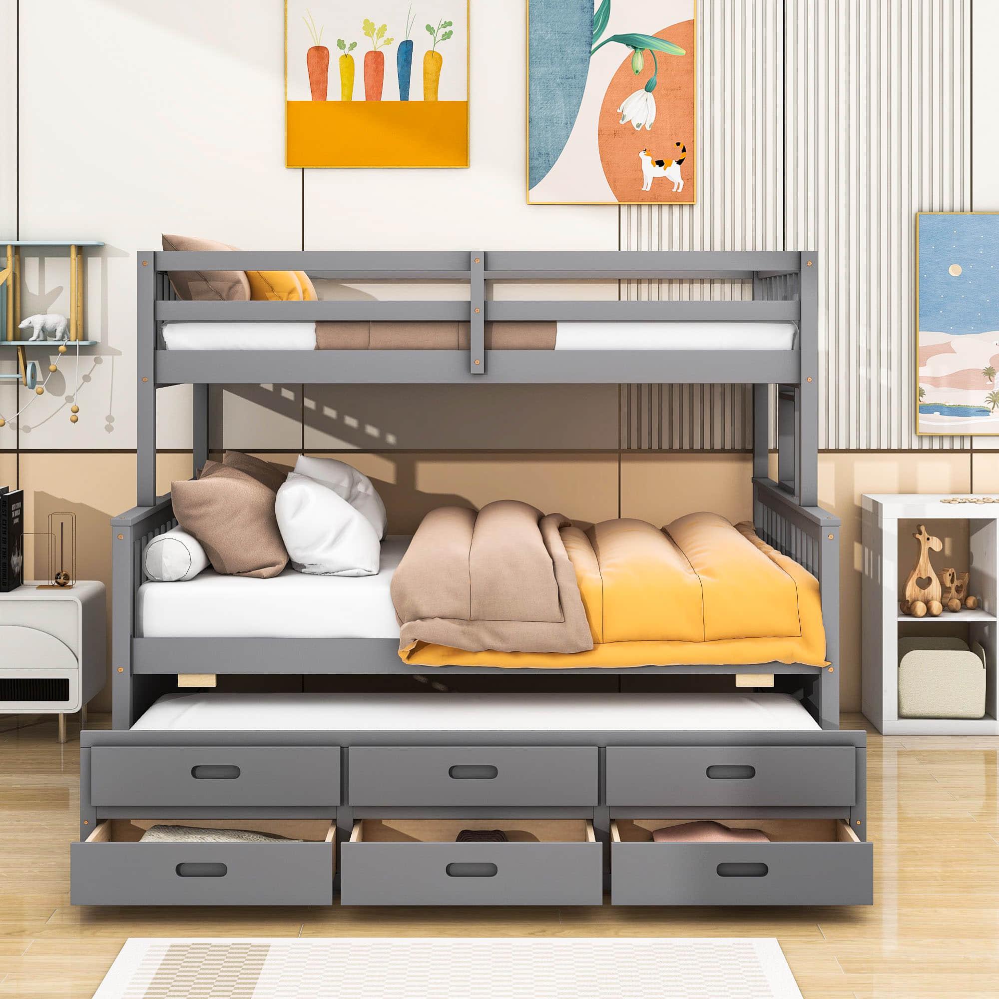 Wooden Twin Over Full Convertible Bunk Beds with Trundle and Storage