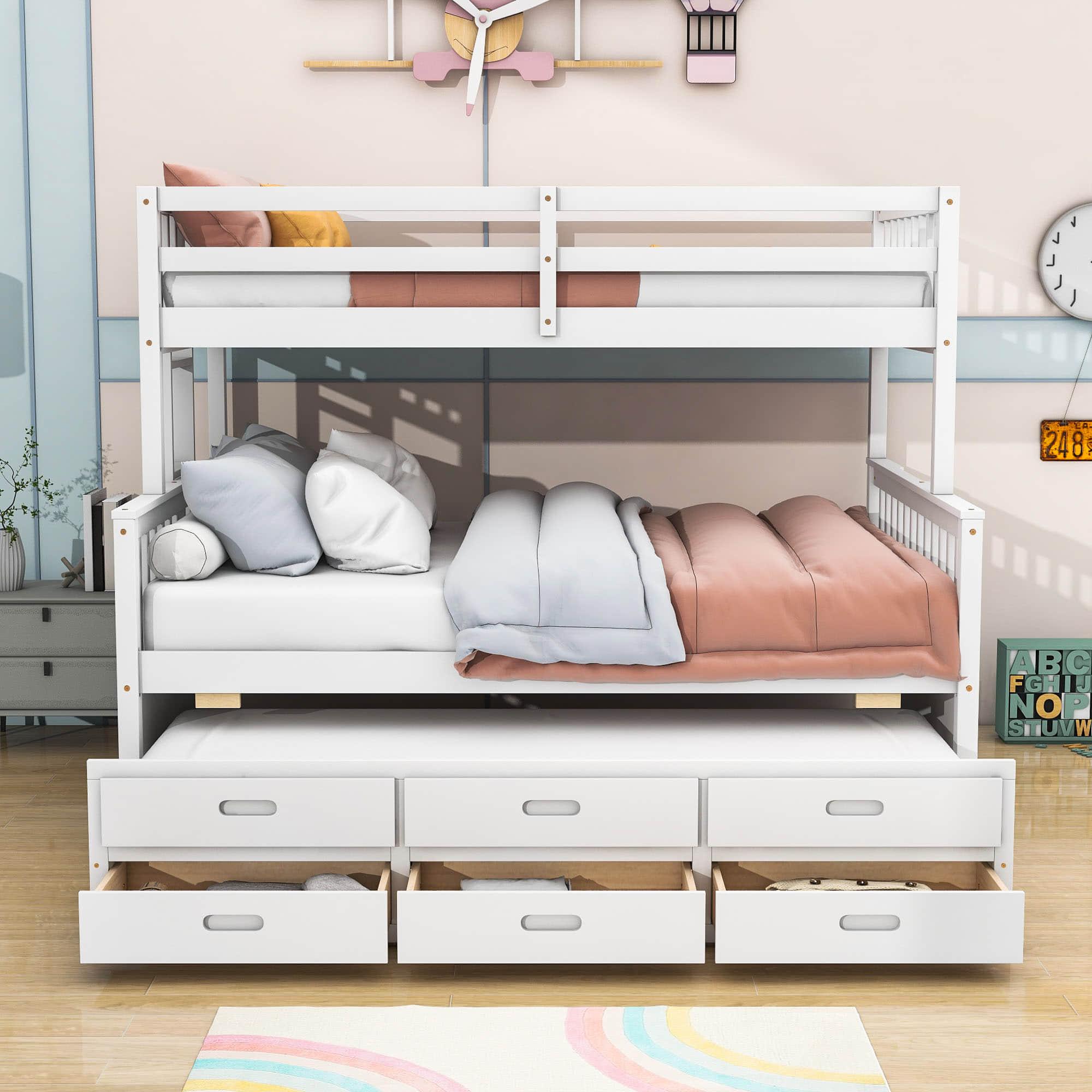 Wooden Twin Over Full Convertible Bunk Beds with Trundle and Storage