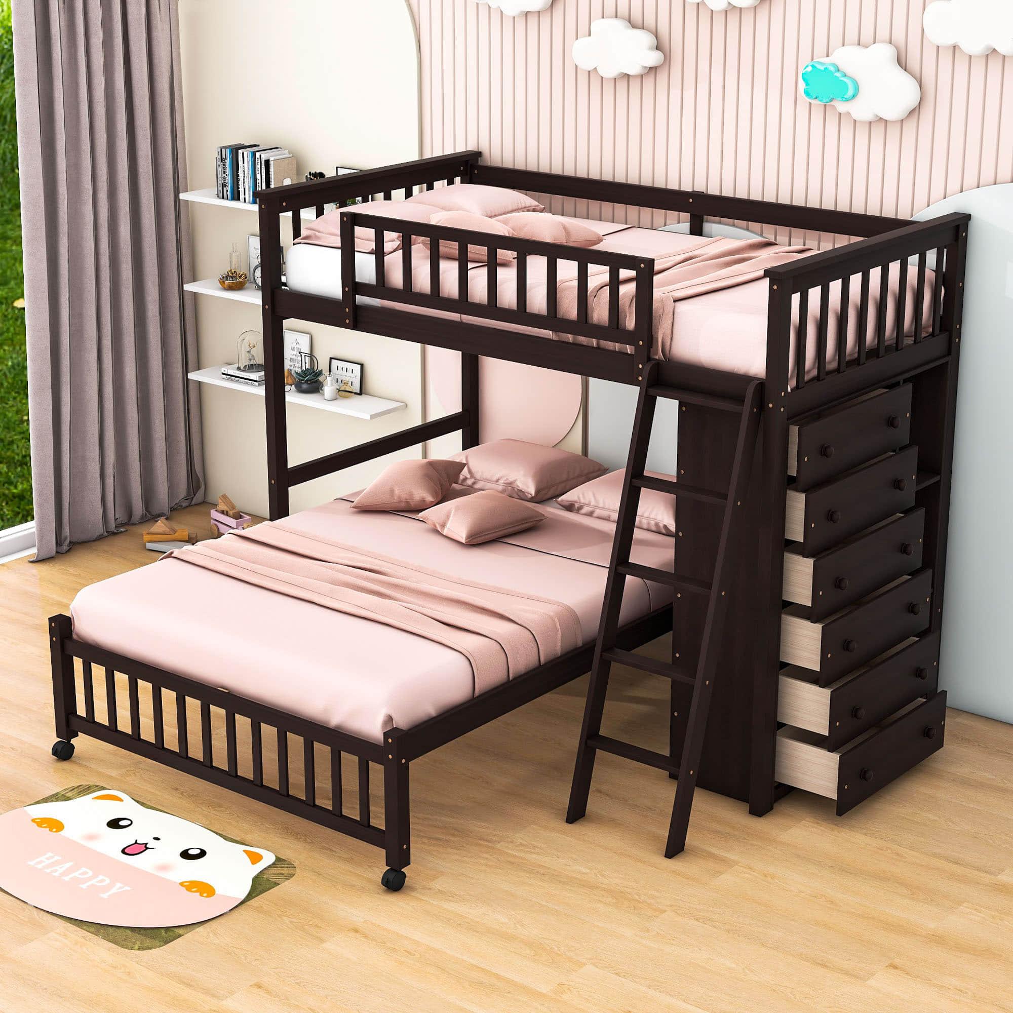 Wooden L-Shaped Twin Over Full Adult Bunk Beds with Storage - [Drawers]