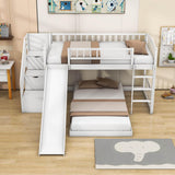 Twin Over Twin L-Shaped Floor Bunk Beds with Stairs and Slide for Kids