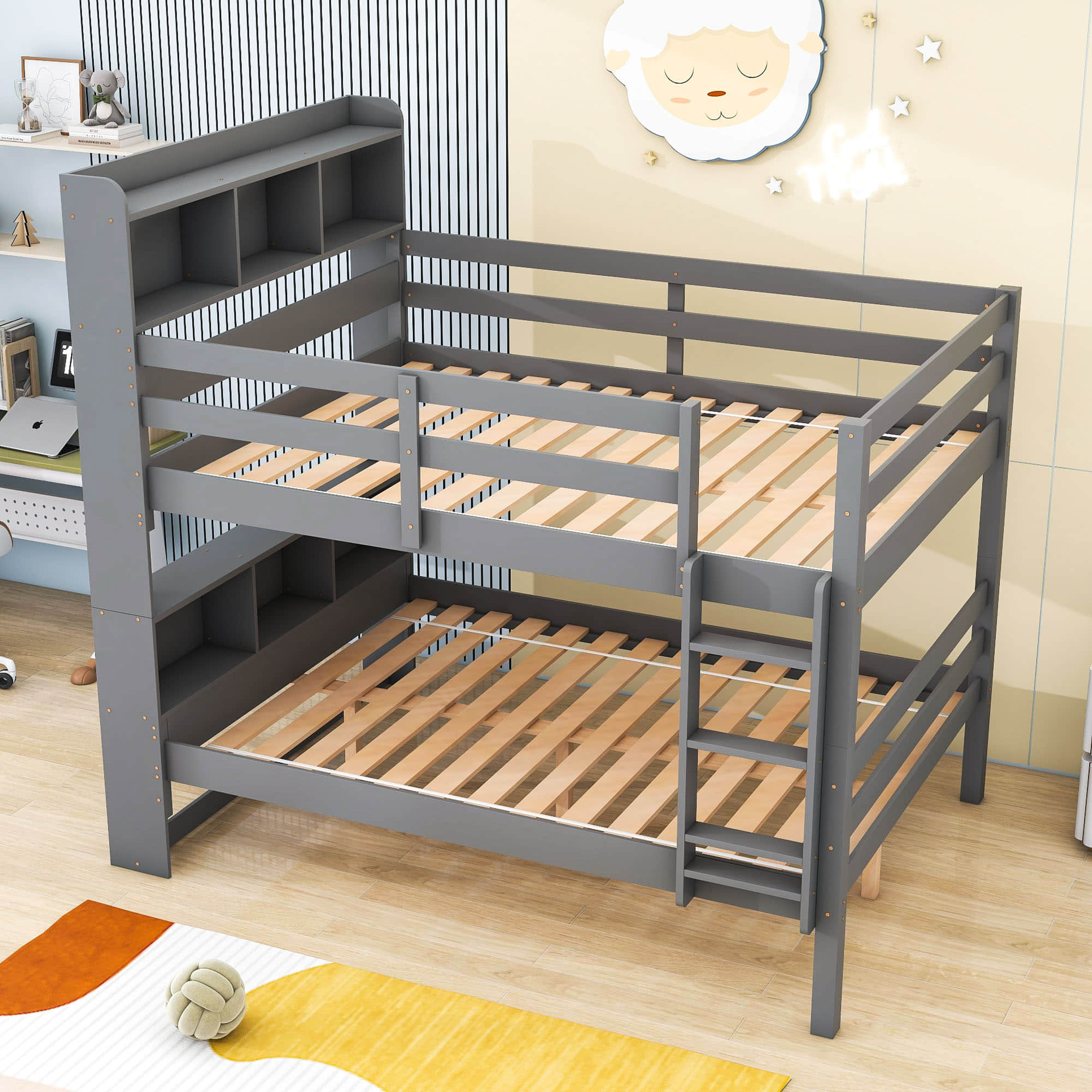 Solid Wood Convertible Full Over Full Bunk Beds with Bookcase Headboard