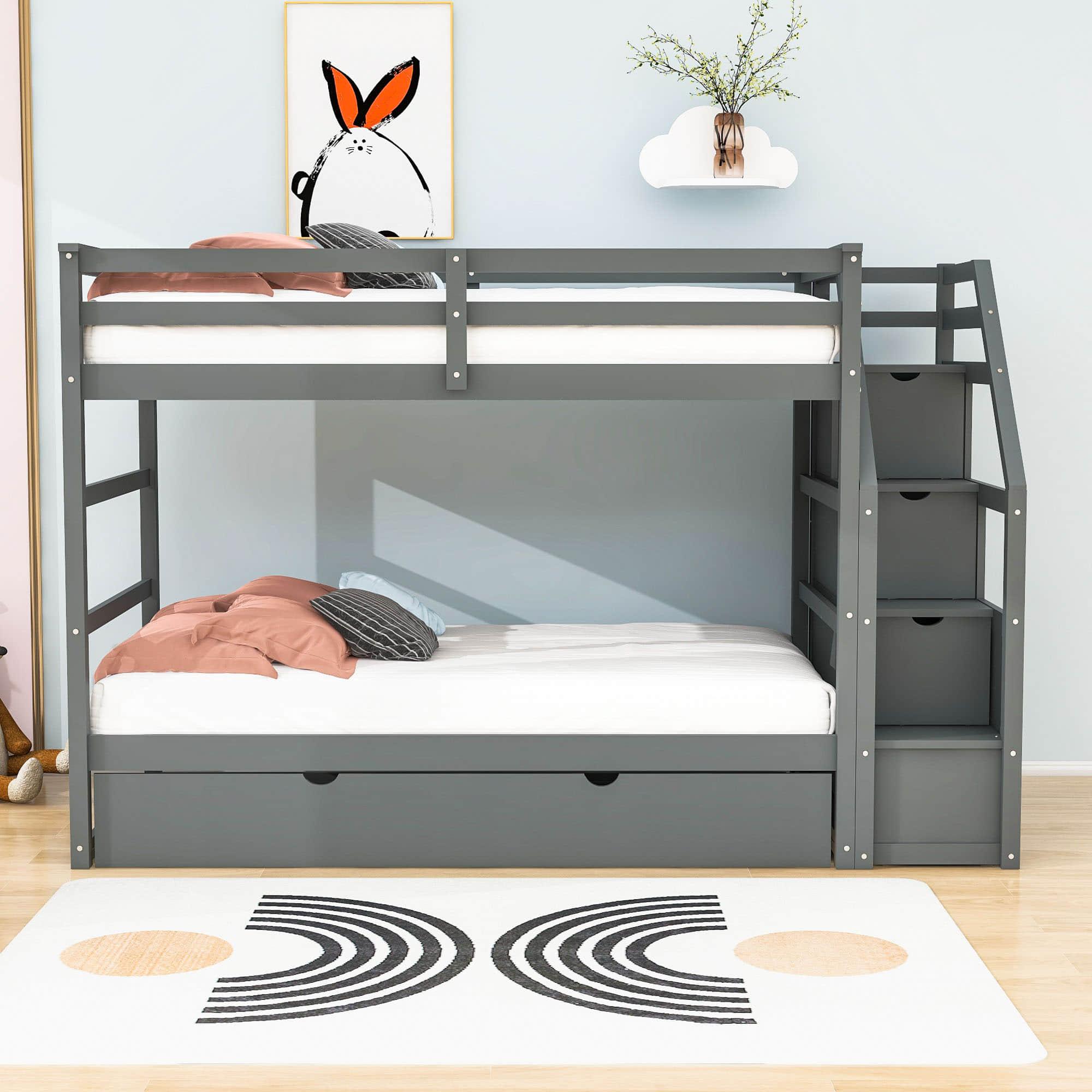 Low Twin Over Twin Bunk Beds for Kids with Storage Stairs and Trundle