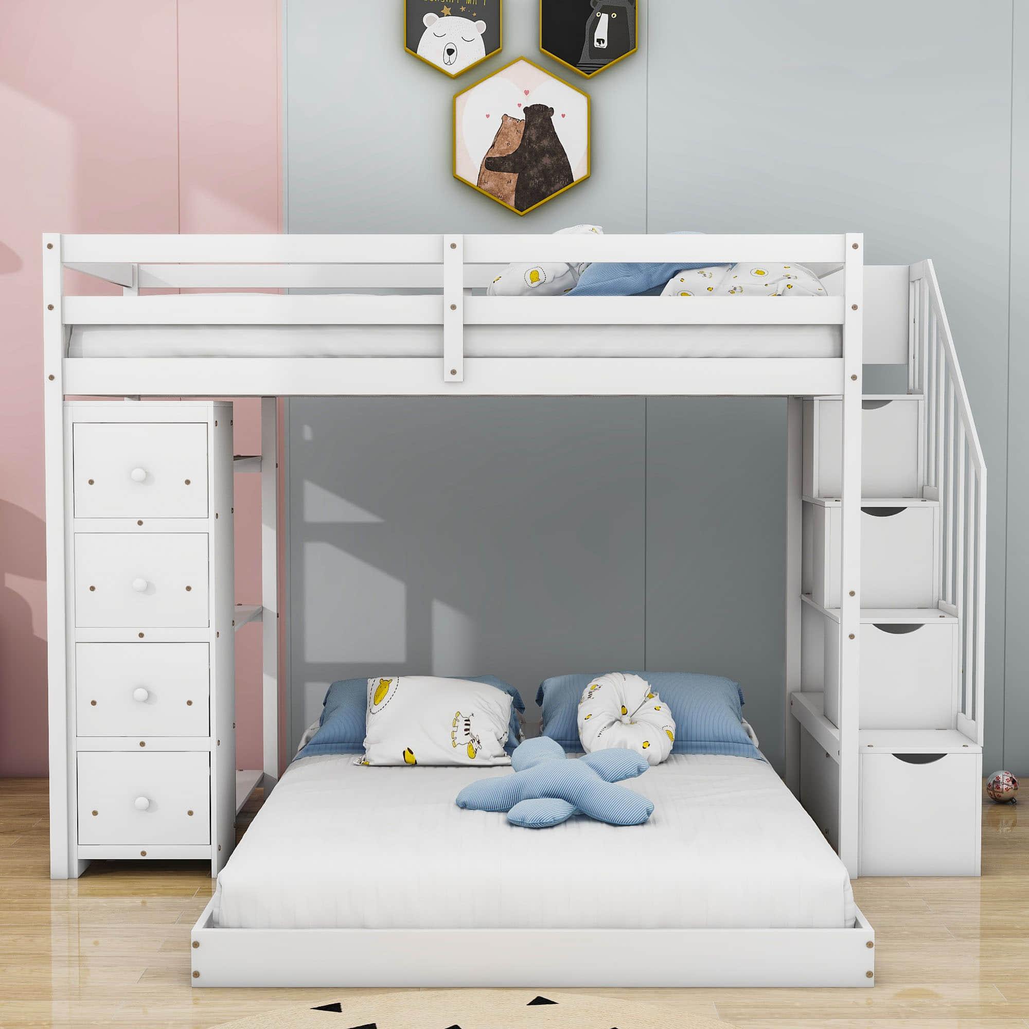 L-Shaped Twin Over Full Floor Bunk Beds for Toddlers, Kids with Stairs