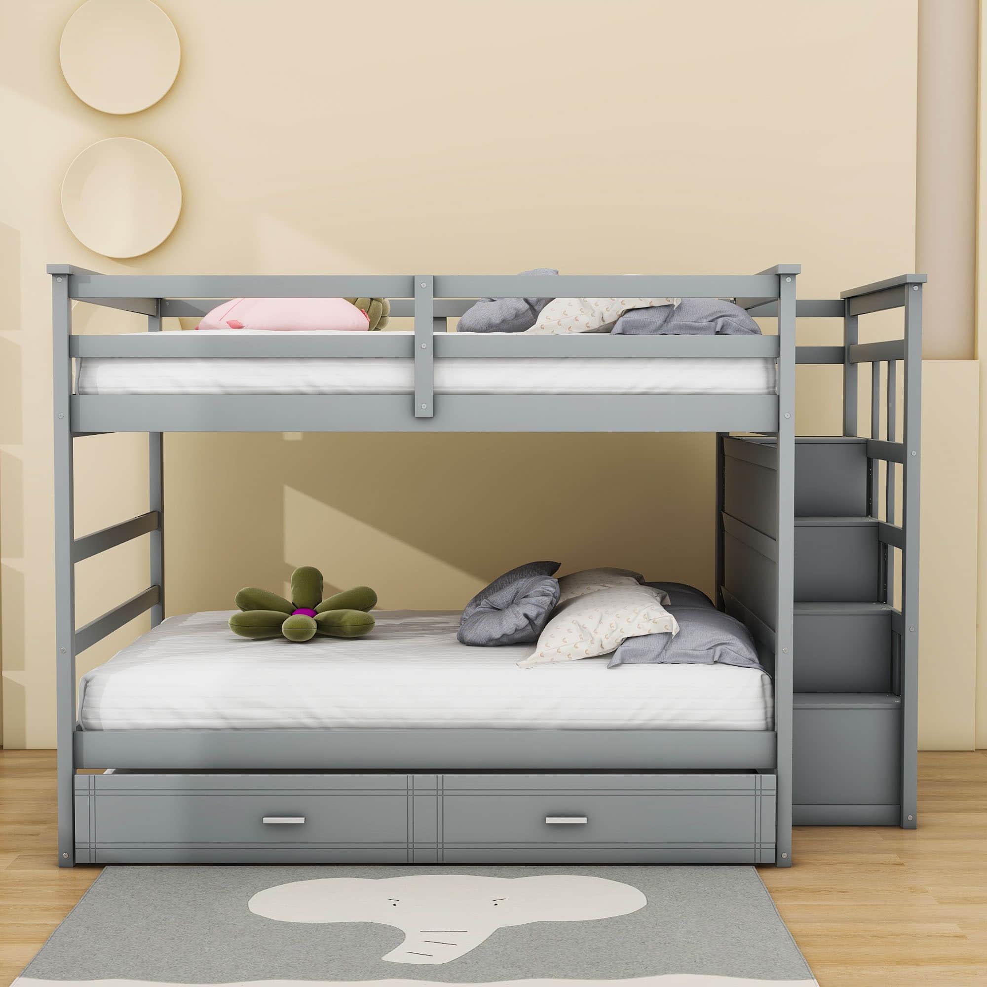 Full Size Bunk Beds with Stairs and Trundle, Storage for Kids, Adults