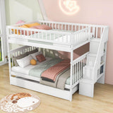 Wooden Full Size Bunk Bed with Stairs and Trundle, Storage Shelves