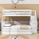 Wooden Twin Over Full Bunk Bed with Stairs and Trundle, Storage Shelves