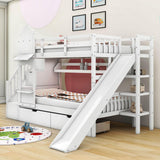 Girls Twin Over Twin Castle Bunk Bed with Slide and Stairs, Storage