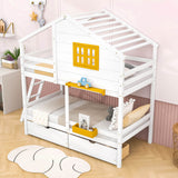 Wood Twin Over Twin Kids House Bunk Beds with Storage - [Drawers, Shelf]