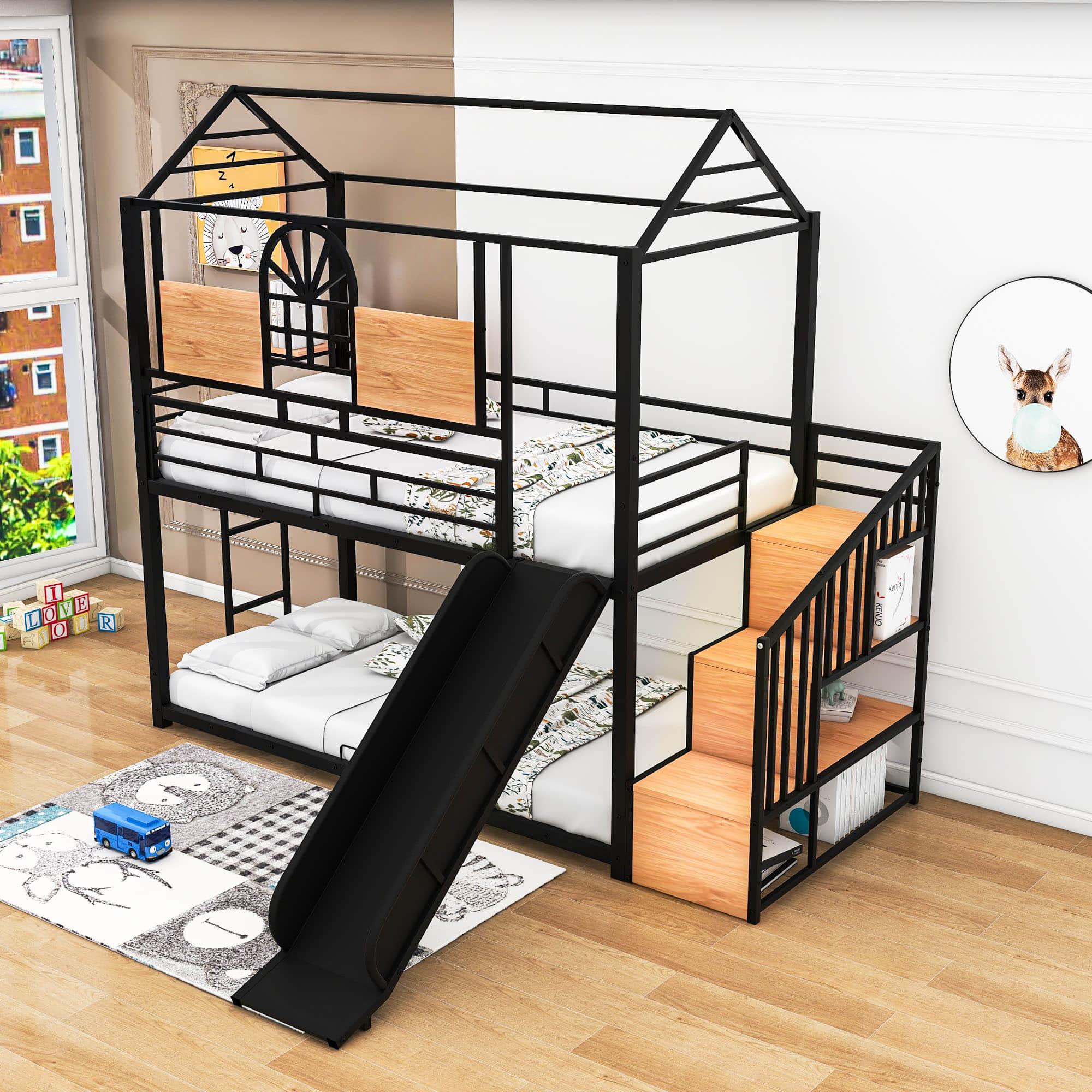 Kids Low Twin Over Twin House Metal Bunk Beds with Stairs and Slide