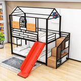 Kids Low Twin Over Twin House Metal Bunk Beds with Stairs and Slide