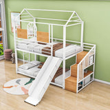 Kids Low Twin Over Twin House Metal Bunk Beds with Stairs and Slide