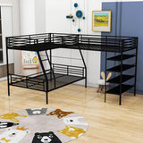 Twin Over Full Loft Triple Bunk Beds with Storage Shelves - [Metal, L-Shaped]