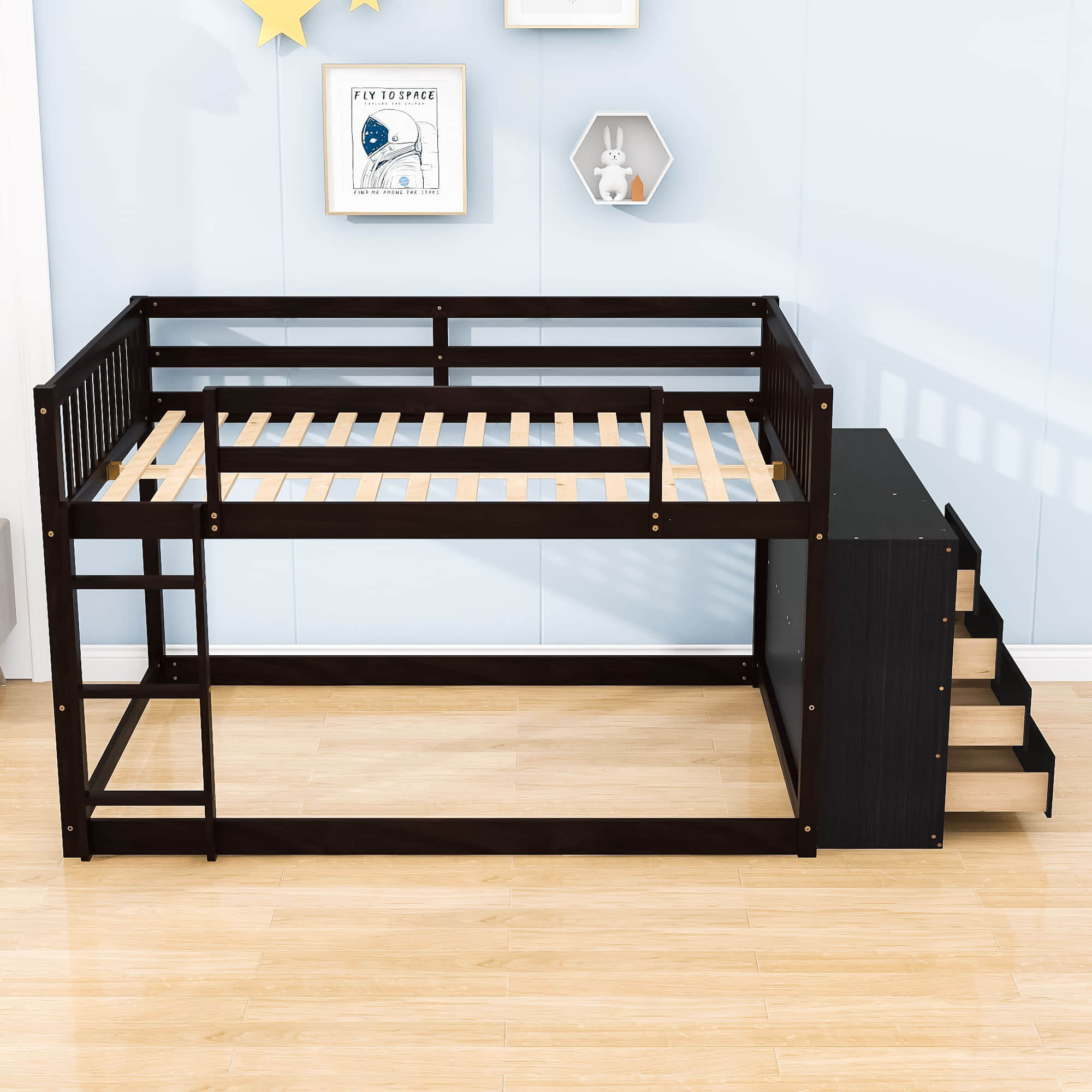 Low Full Over Full Bunk Beds for Kids, Toddlers with Storage - [Wood]