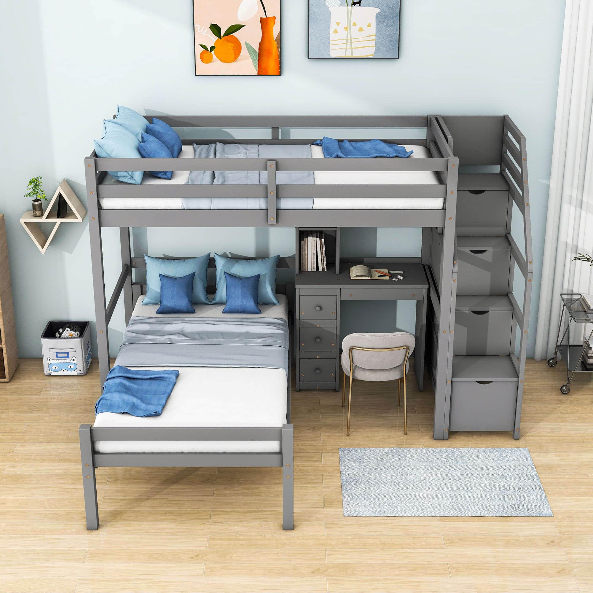 Twin Over Twin Bunk Beds with Desk and Storage Stairs - [Drawers, Shelves, L-Shaped]