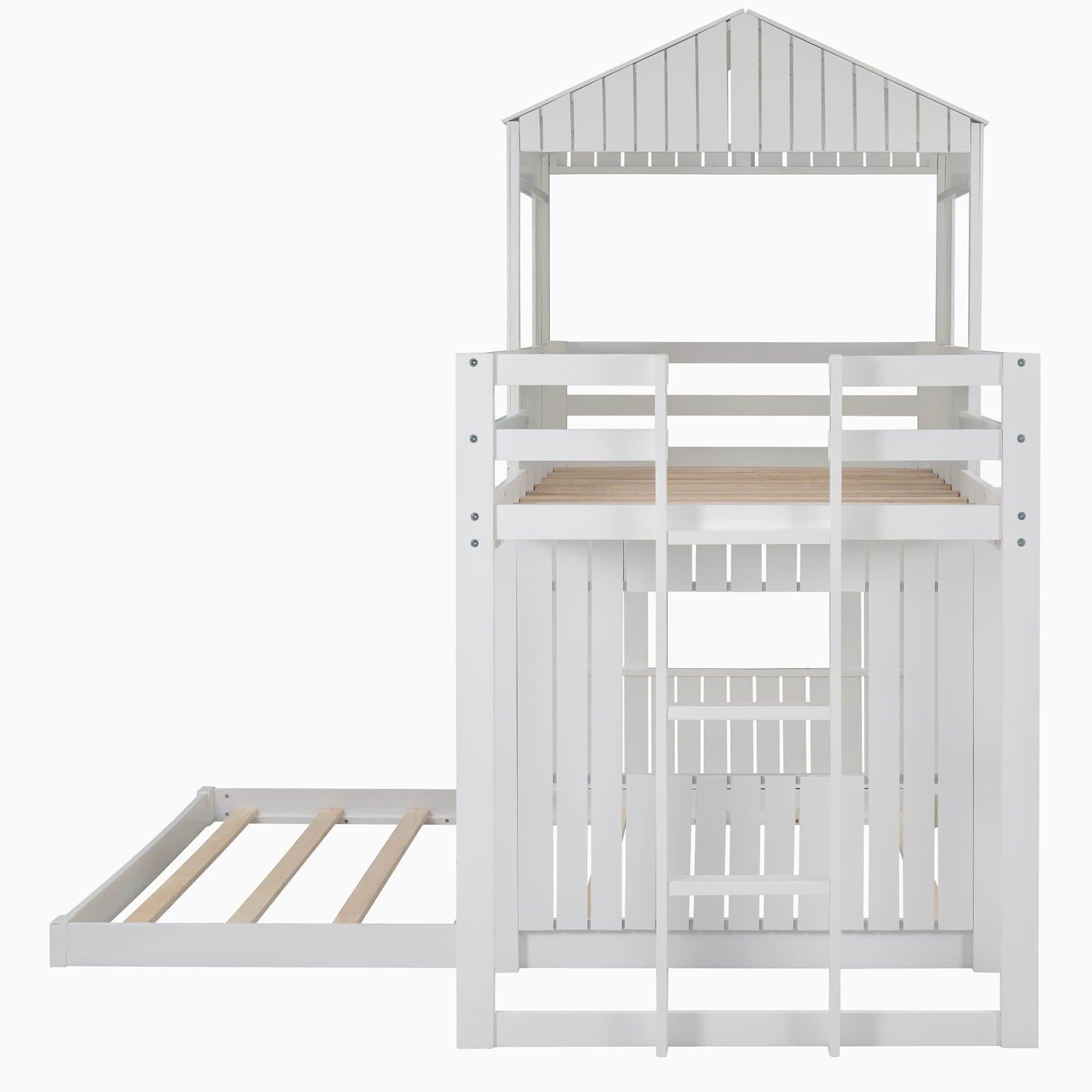 Fun Wooden L-Shaped Twin Over Full House Bunk Beds for Kids - [Low to Floor]