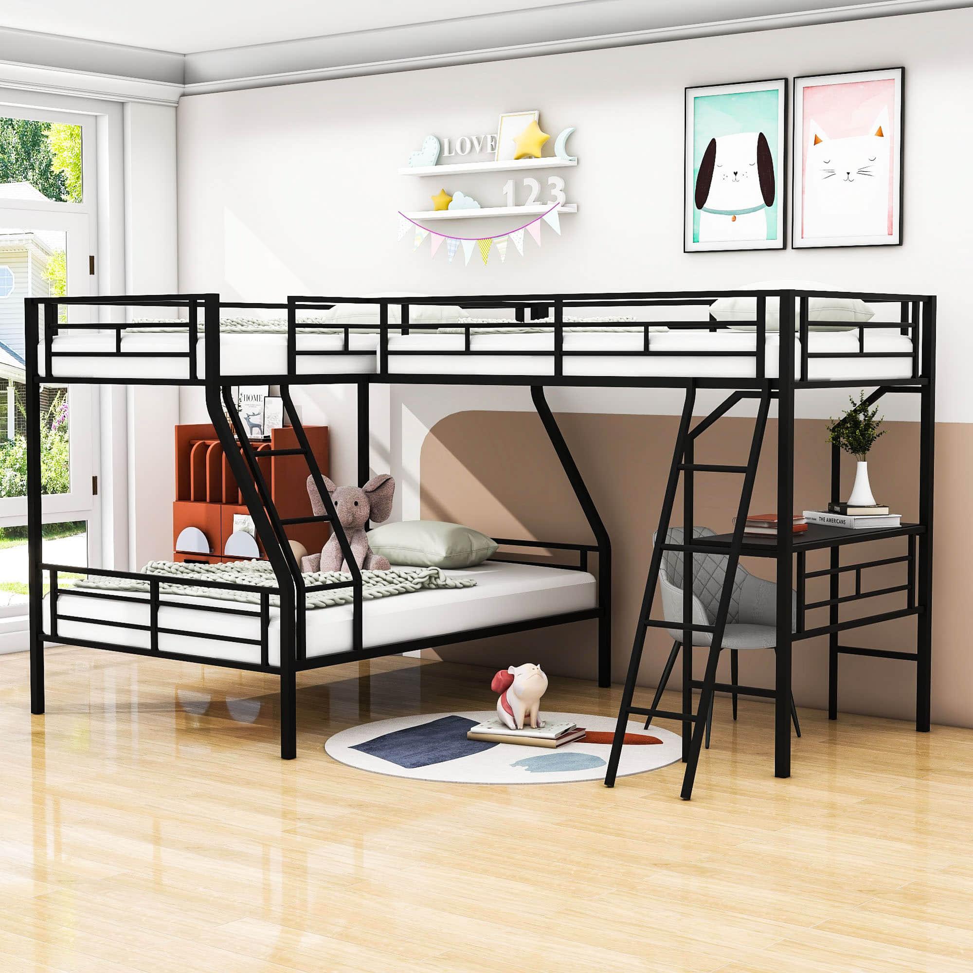 Twin Over Full Corner Loft Triple Bunk Beds with Desk - [Metal, Black]