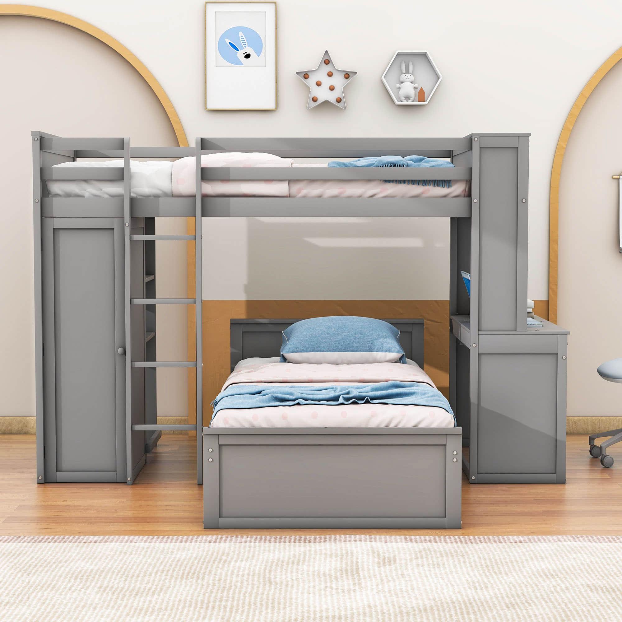 L-Shaped Twin Over Twin Bunk Beds with Desk and Storage - [Wooden, Drawers, Wardrobe]