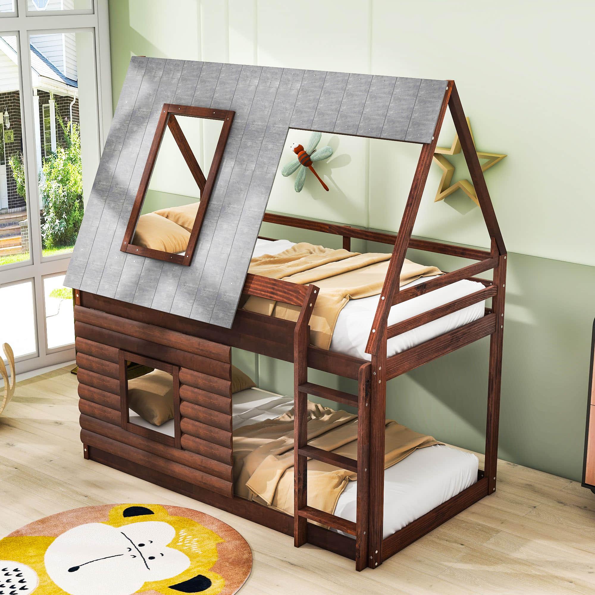 Rustic Low Twin Over Twin FarmHouse Bunk Beds for Kids, Toddler - [Floor]