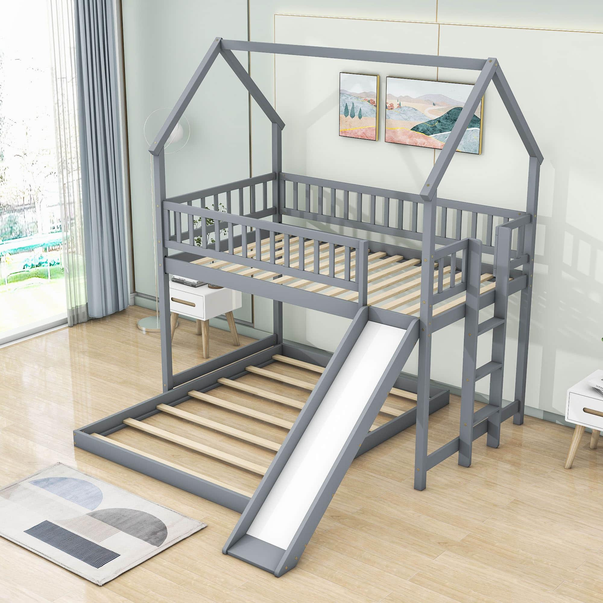 Modern Low Twin Over Full House Bunk Beds with Slide for Kids - [Wooden, Floor, L-Shaped]