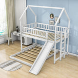 Modern Low Twin Over Full House Bunk Beds with Slide for Kids - [Wooden, Floor, L-Shaped]