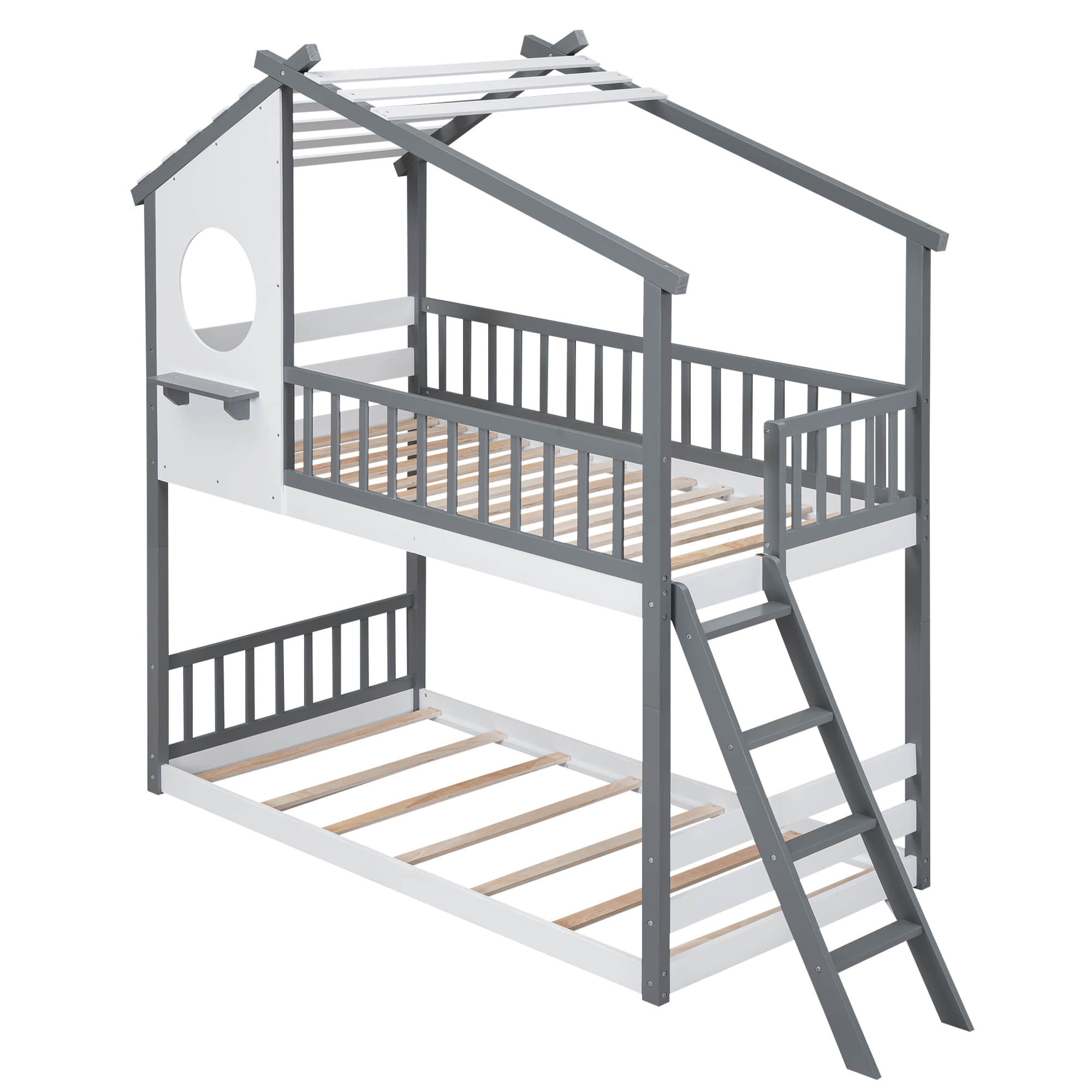 Low to Floor Twin Over Twin House Bunk Beds for Toddler, Kids - [Wood]