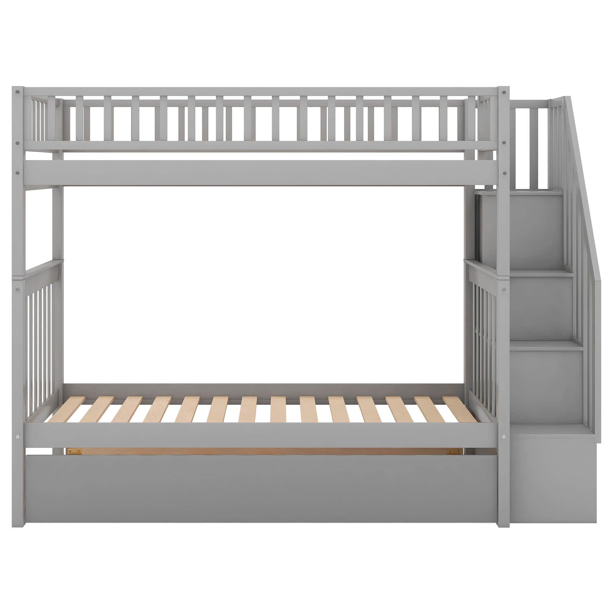 Convertible Twin Over Twin Bunk Bed with Stairs and Storage, Trundle