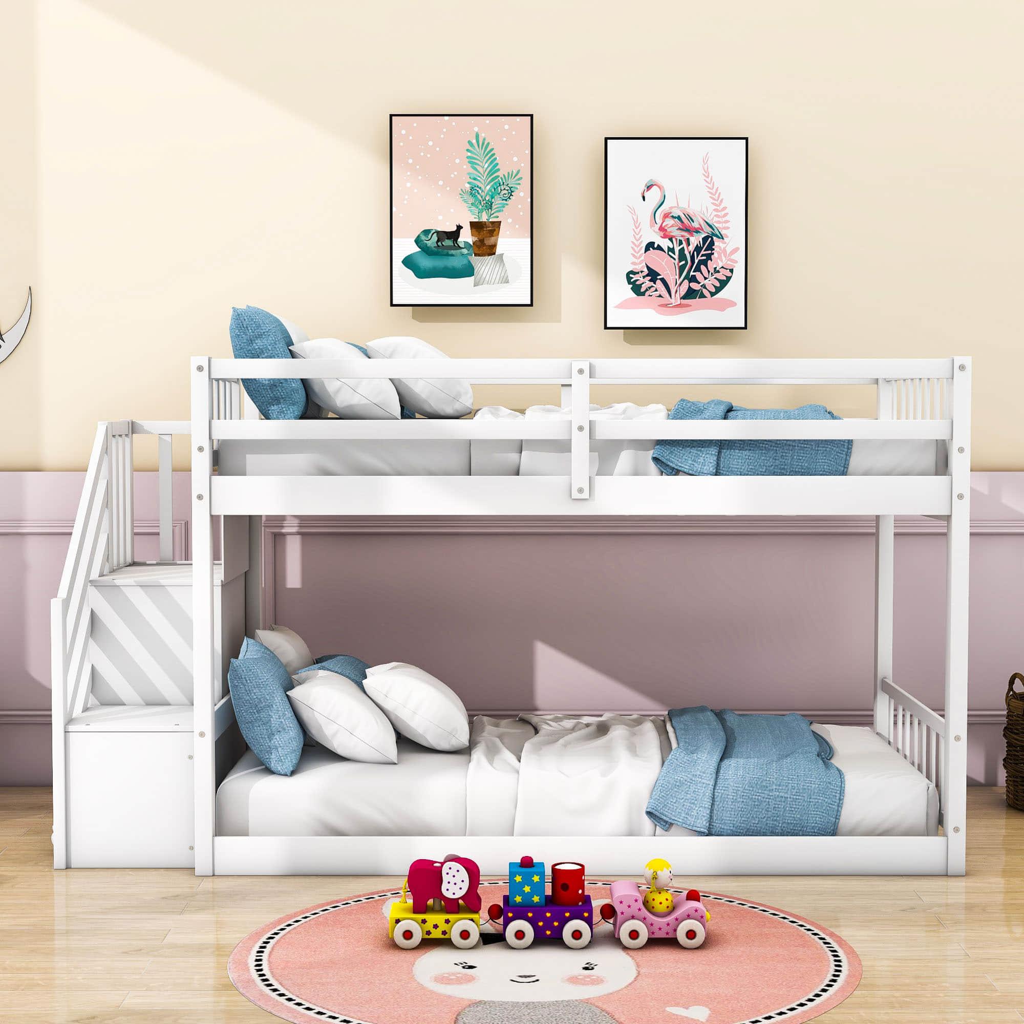 Low Twin Over Twin Toddler Bunk Beds with Stairs - [Floor]