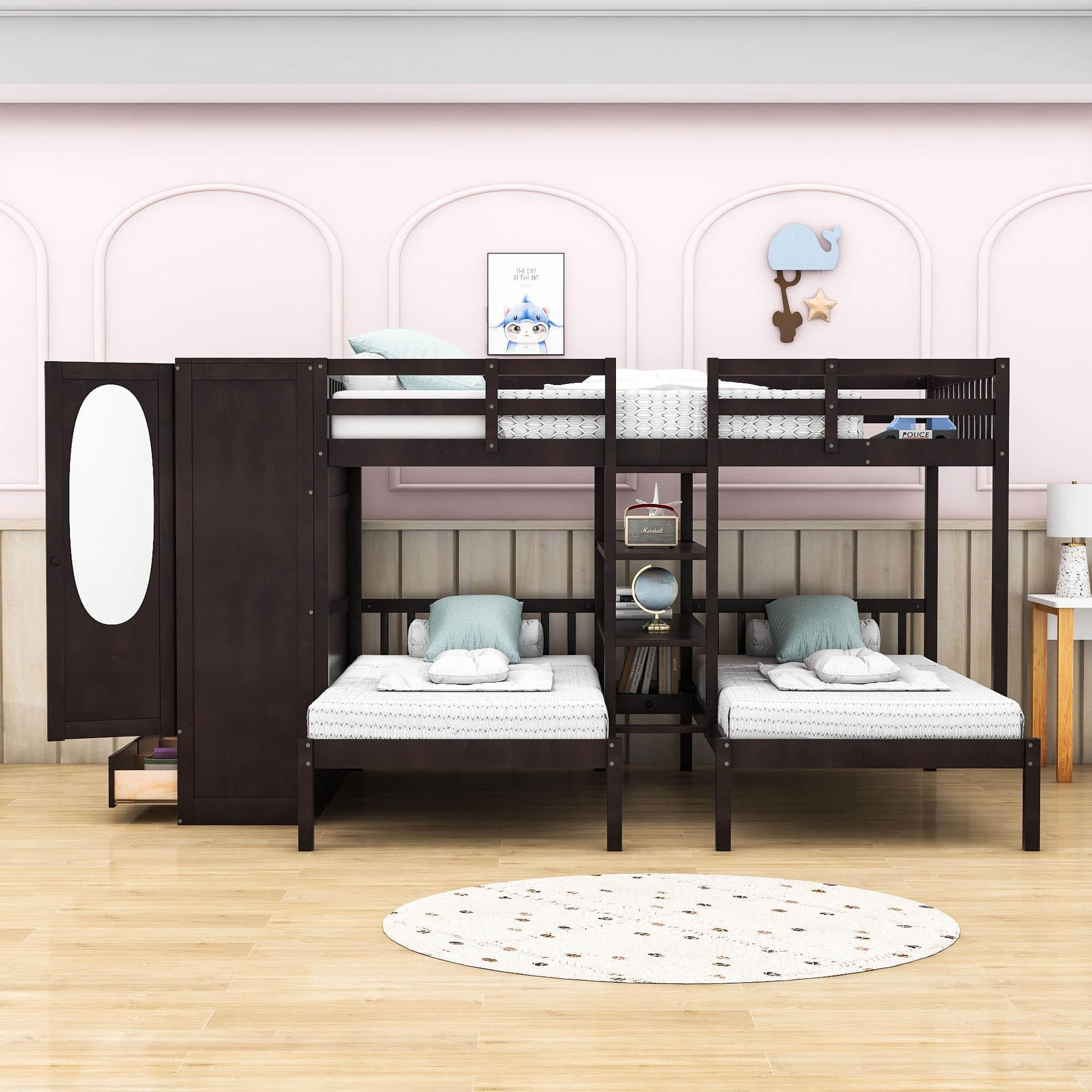 Low Full Over Twin&Twin Triple Bunk Bed with Storage for Kids - [Wardrobe]