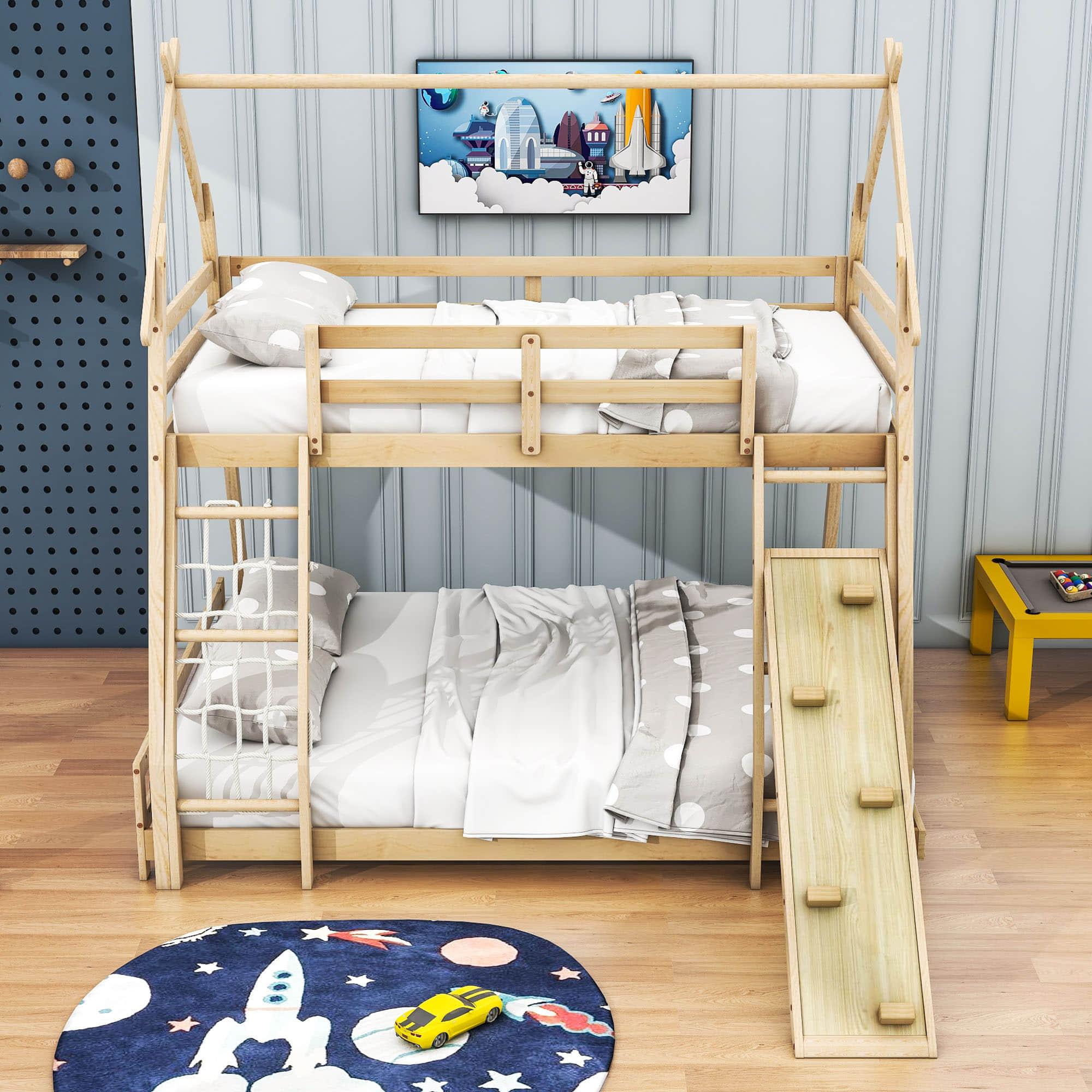 Low Twin Over Queen House Bunk Beds with Climbing Ramp & Nets - [Wooden]