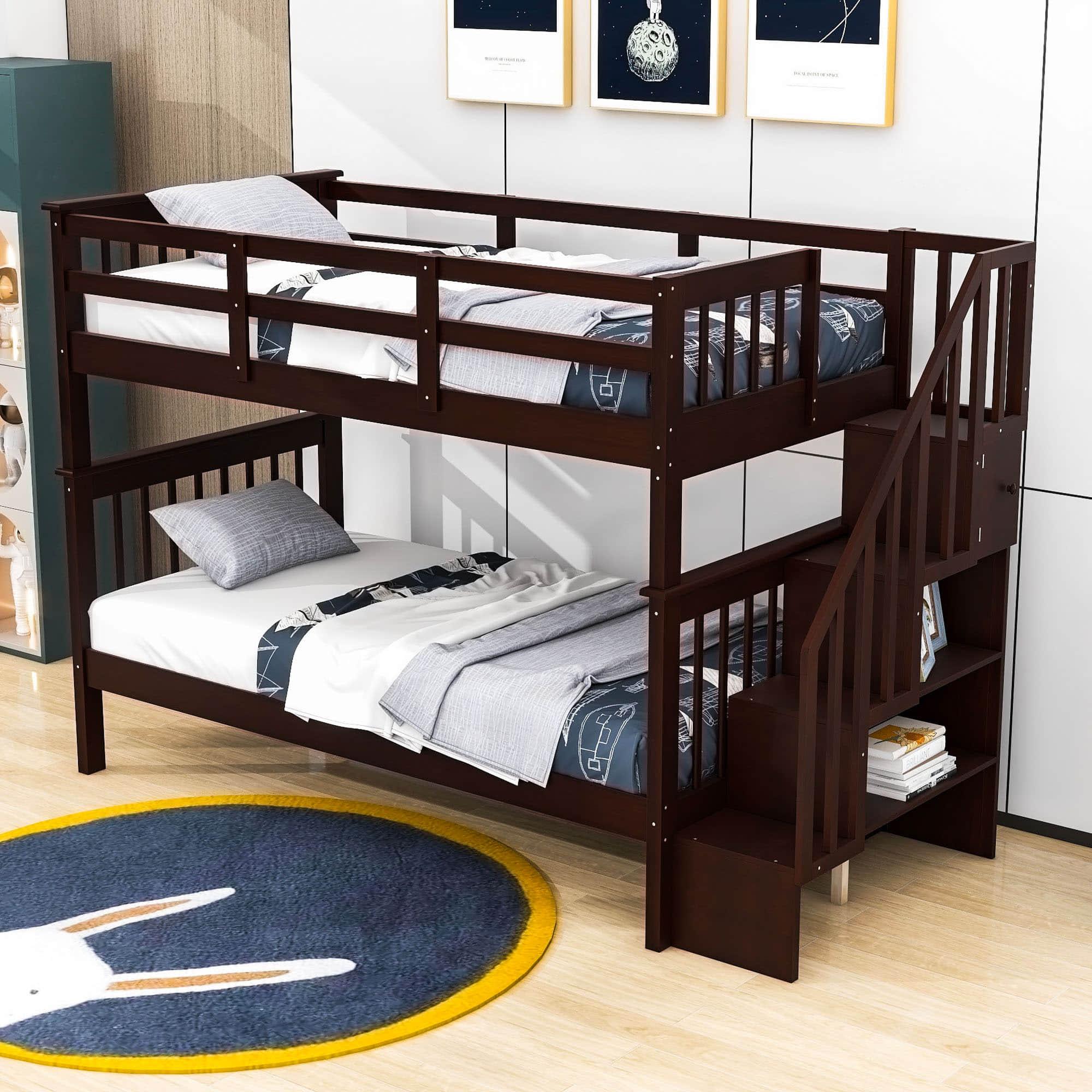 Twin Over Twin Bunk Beds with Stairs and Storage for Kids - [Wood, Convertible]