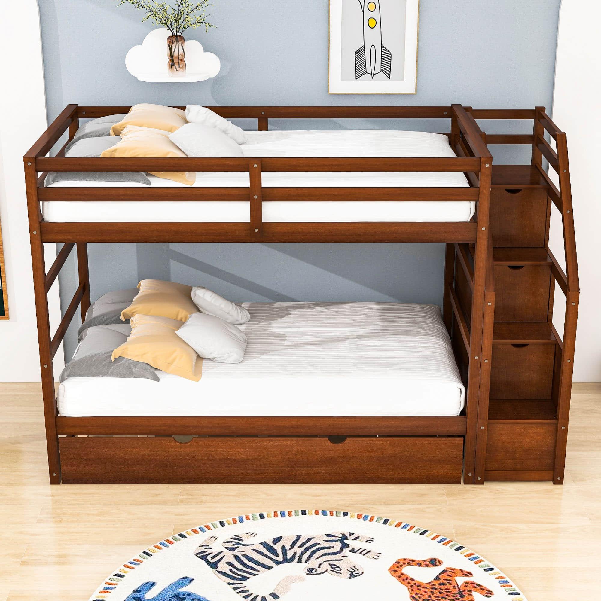 Low Twin Over Twin Bunk Beds for Kids with Storage Stairs and Trundle